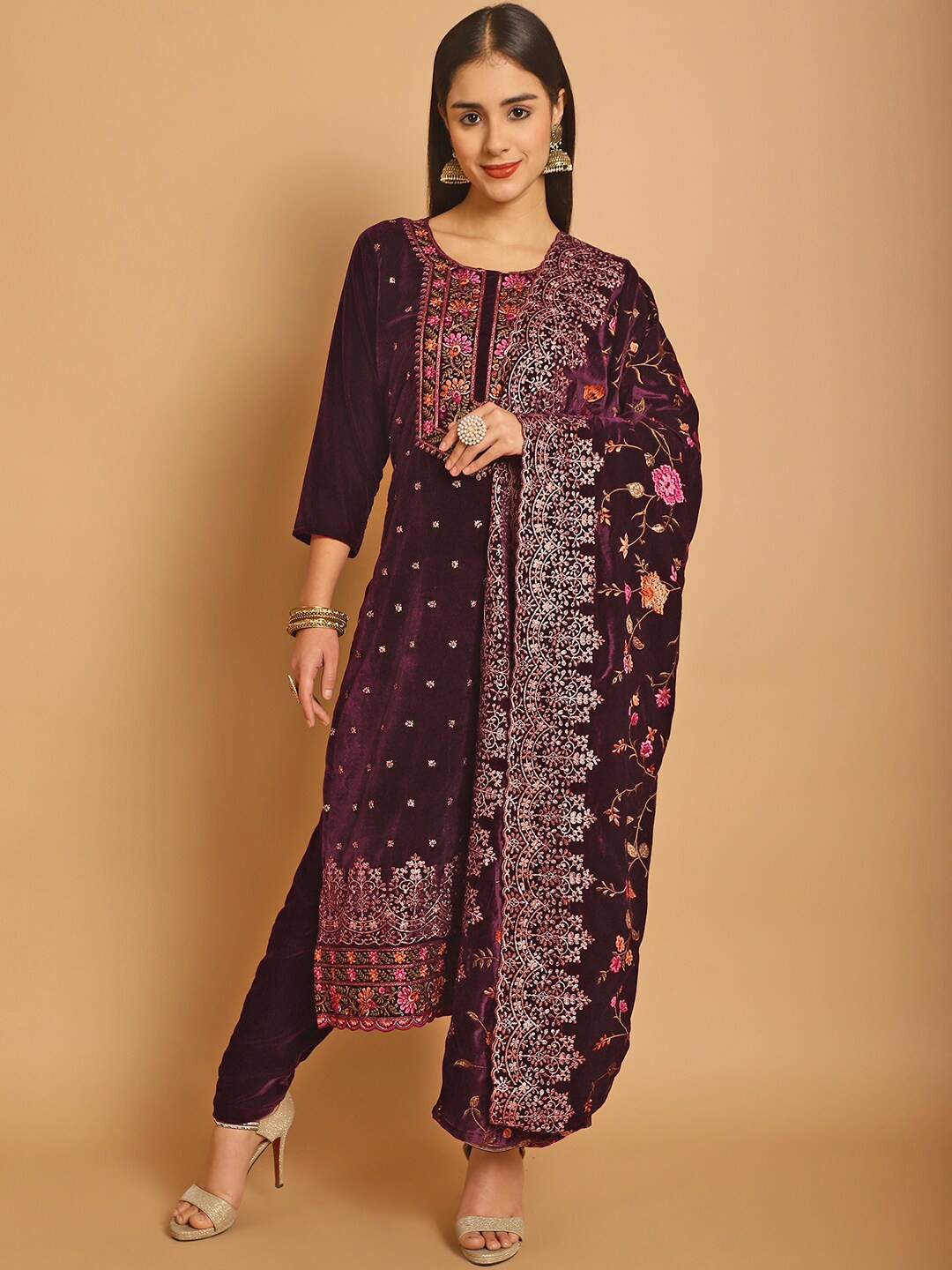 

Stylee LIFESTYLE Floral Embroidered Zari Velvet Unstitched Dress Material, Burgundy