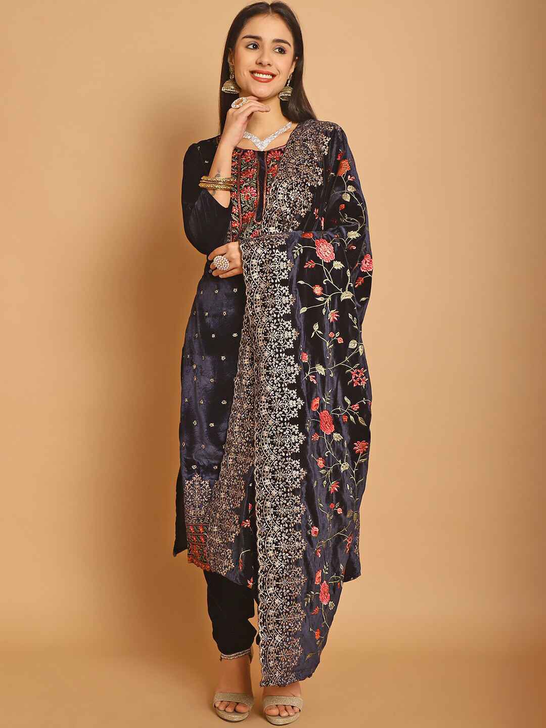 

Stylee LIFESTYLE Floral Embroidered Zari Velvet Unstitched Dress Material, Navy blue