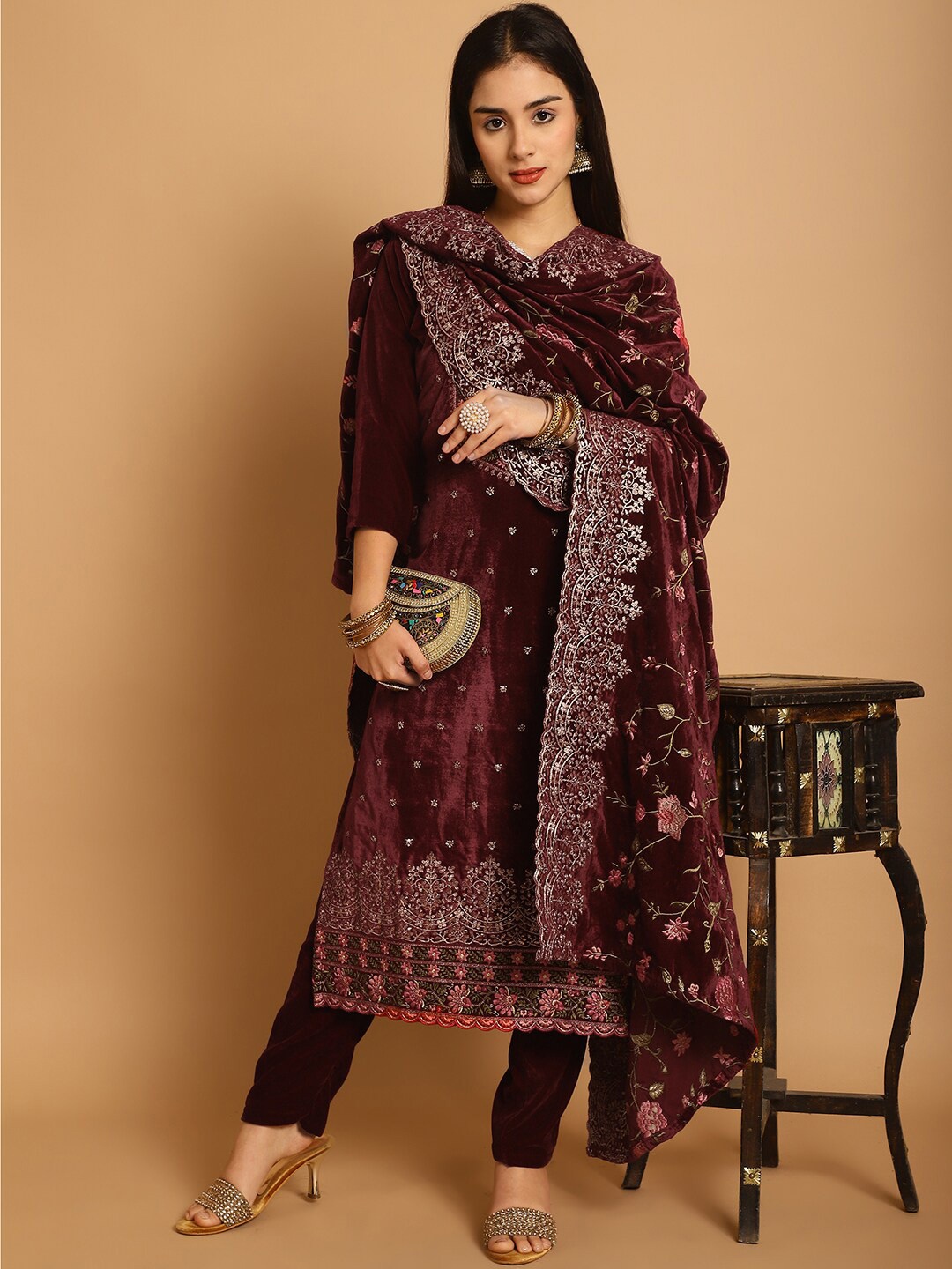 

Stylee LIFESTYLE Floral Embroidered Zari Velvet Unstitched Dress Material, Maroon