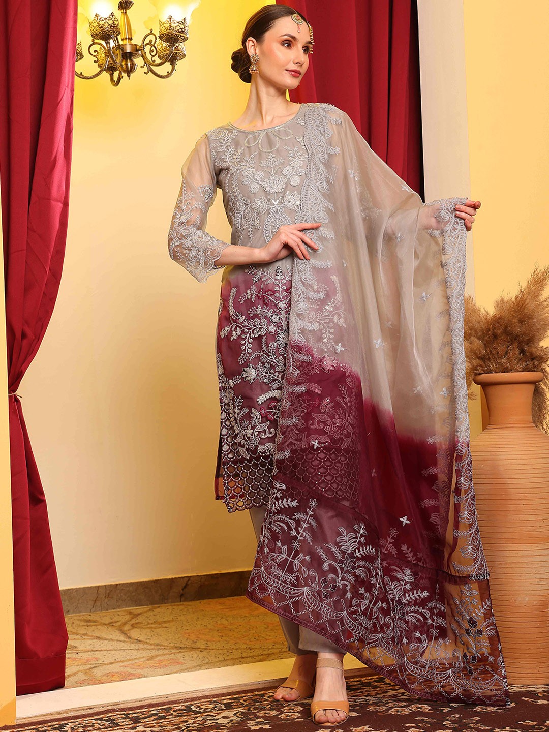 

cbazaar Ethnic Motifs Embroidered Organza Semi-Stitched Dress Material, Grey