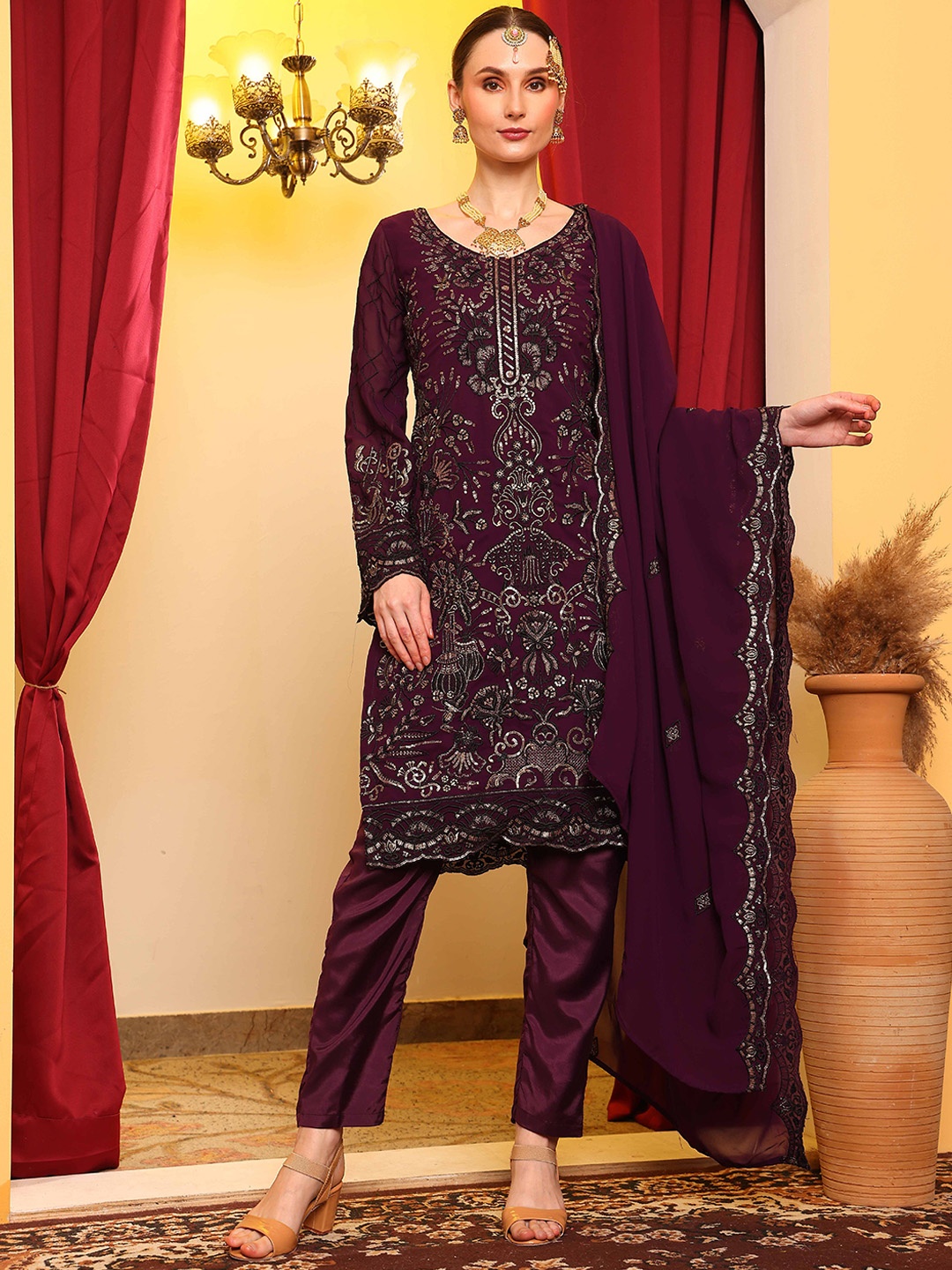 

cbazaar Ethnic Motifs Sequinned Embroidered Straight Kurta With Trousers & Dupatta, Purple