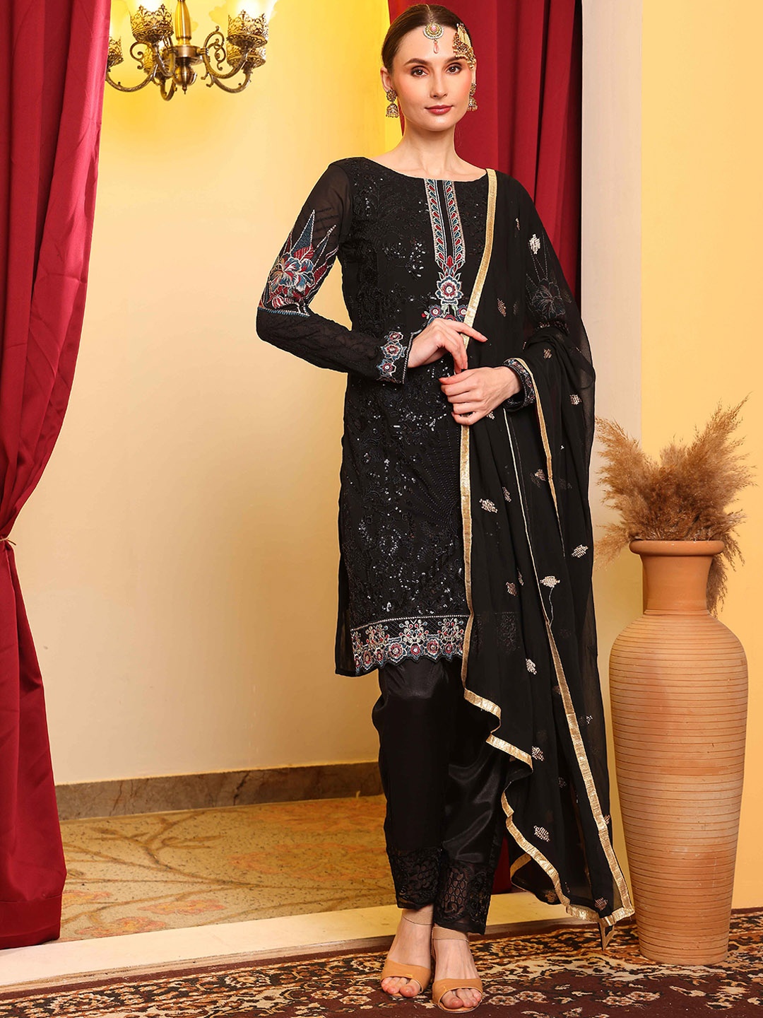 

cbazaar Ethnic Motifs Beads And Stones Embroidered Kurta With Trousers & Dupatta, Black