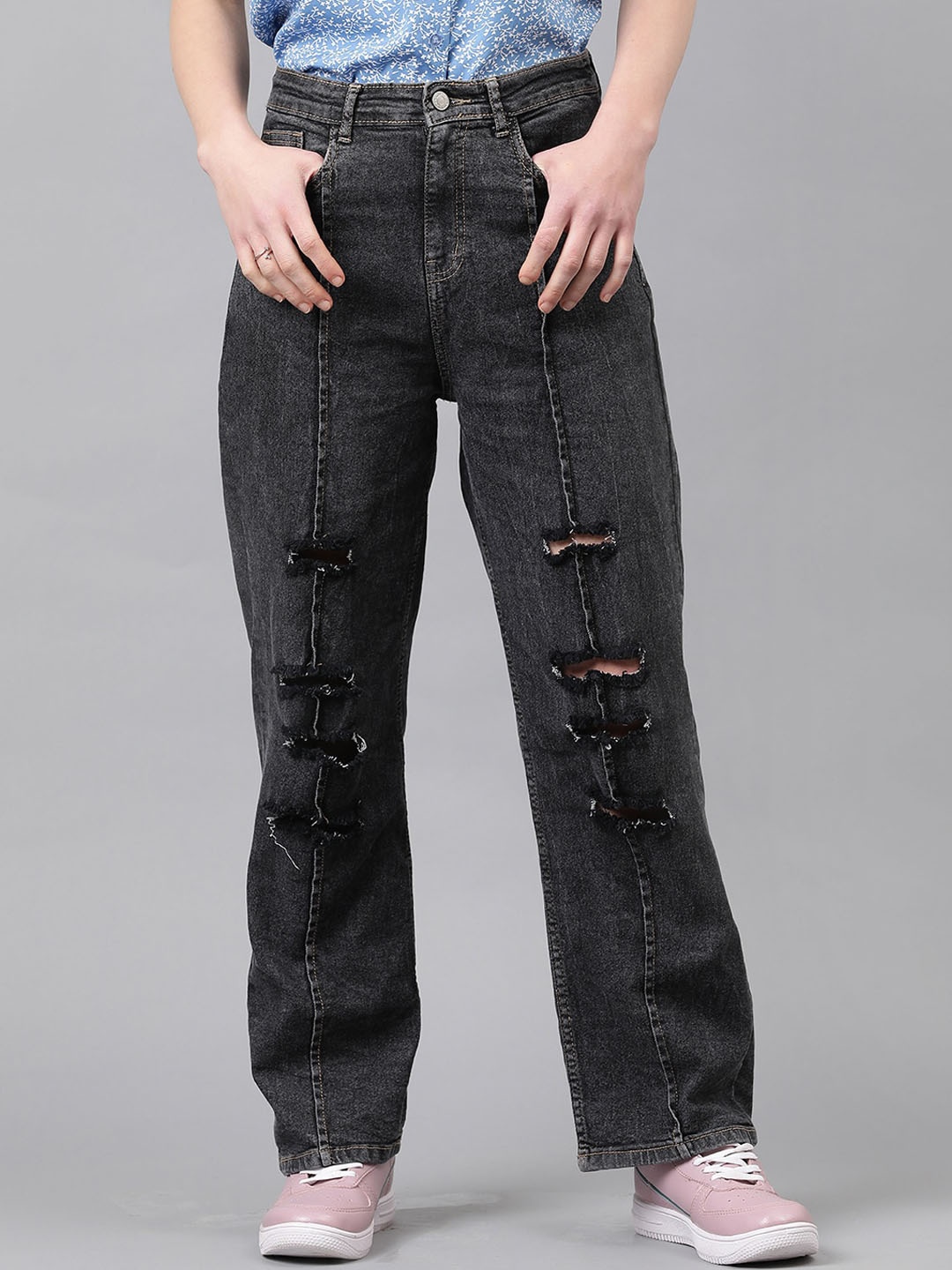 

Kotty Women Jean Straight Fit High-Rise Highly Distressed Stretchable Jeans, Black