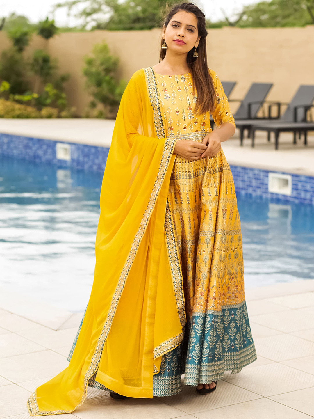 

Zeel Clothing Ethnic Motifs Printed Art Silk Maxi Ethnic Dress With Dupatta, Yellow