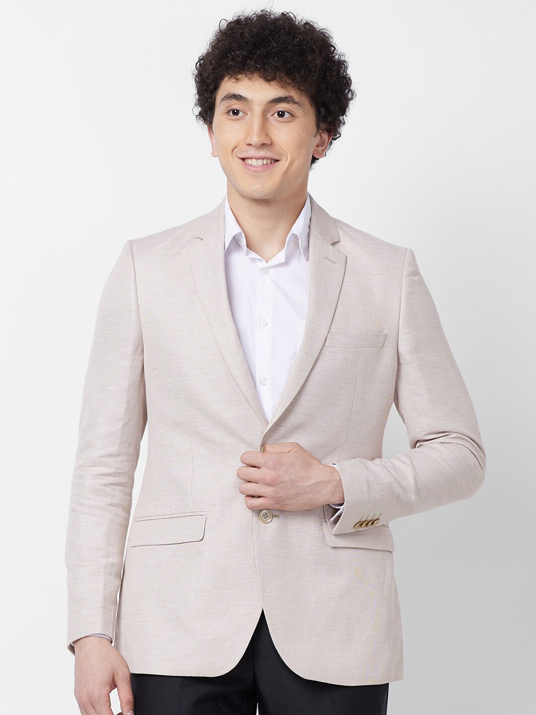 

Raymond Self Design Contemporary-Fit Single Breasted Cotton Linen Formal Blazer, Beige