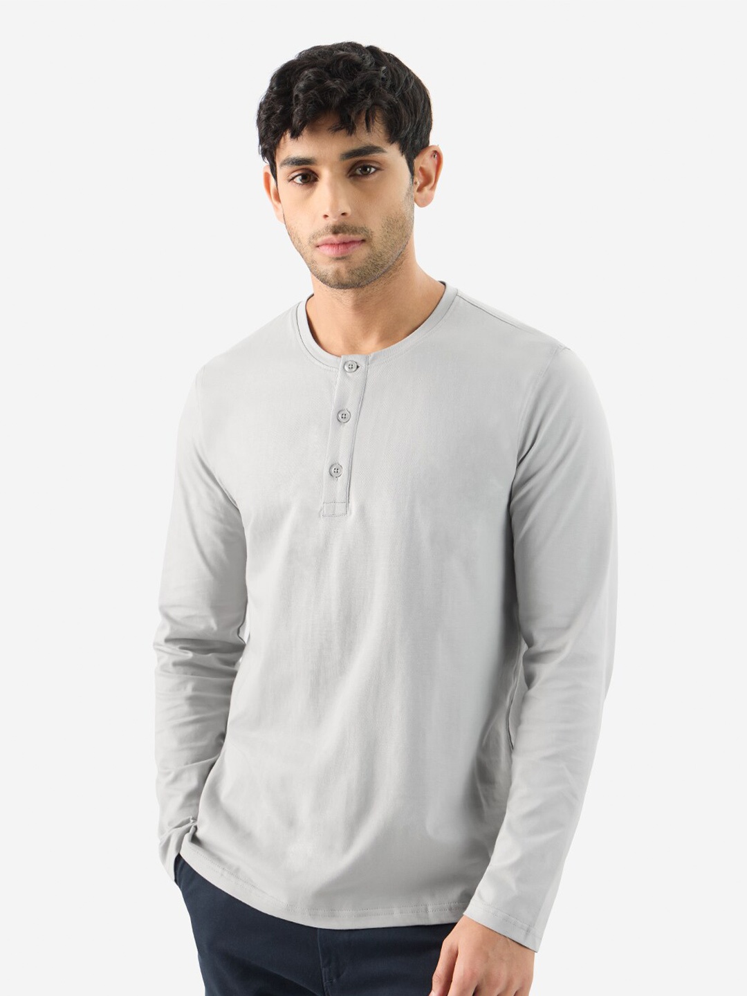

The Souled Store Henley Neck Long Sleeves Cotton T-shirt, Grey