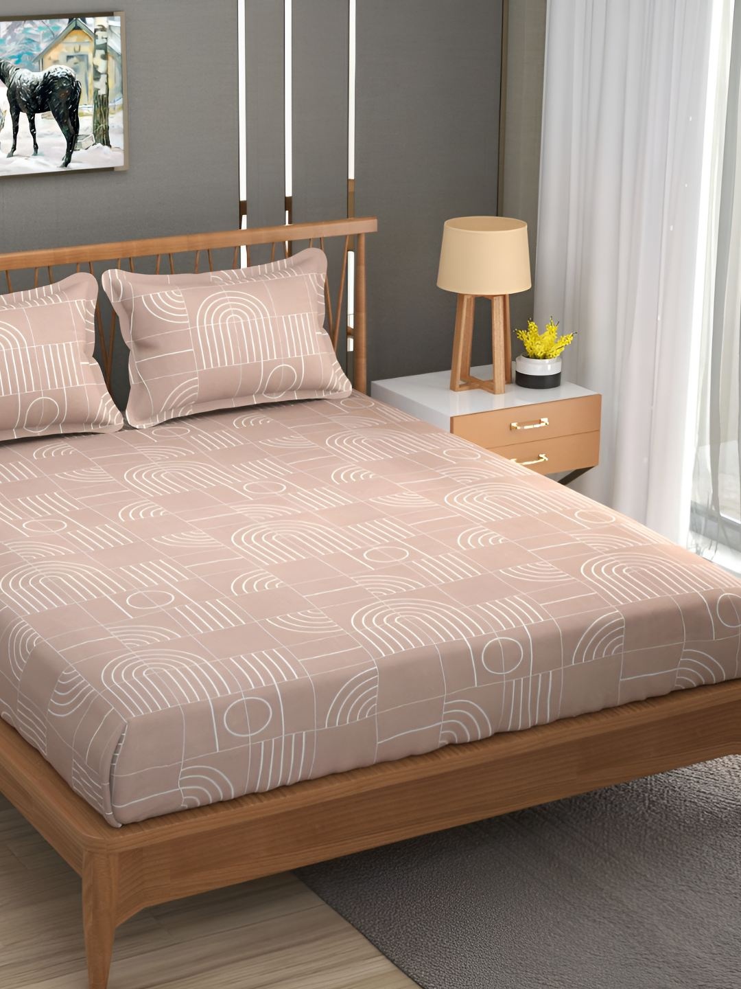 

Bajo's Beige & Off White Printed Cotton 250 TC Fitted King Bedsheet with 2 Pillow Covers
