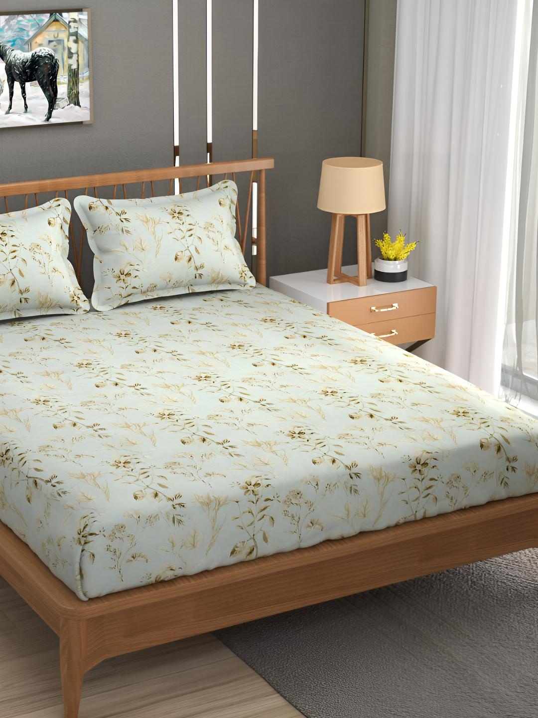 

Bajo's Green & Brown Floral 250 TC Cotton Fitted King Bedsheet with 2 Pillow Covers