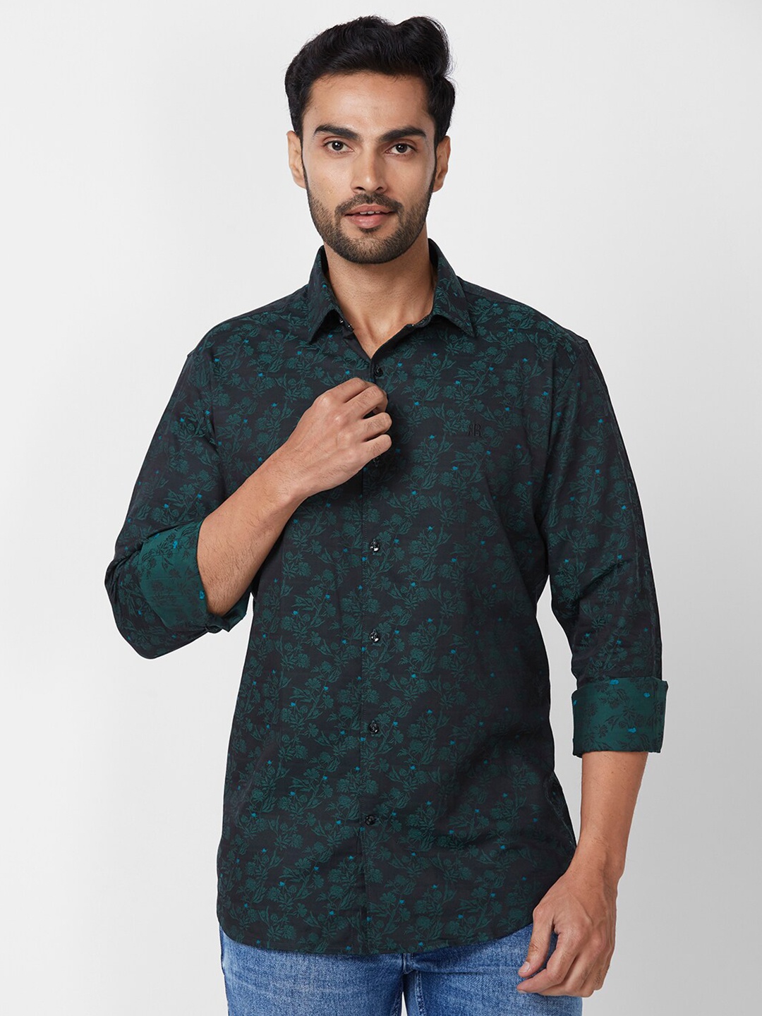 

Raymond Spread Collar Long Sleeves Woven Design Slim-Fit Cotton Casual Shirt, Green