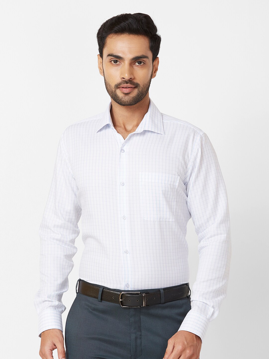 Raymond Checked Contemporary-Fit Cotton Formal Shirt, Blue
