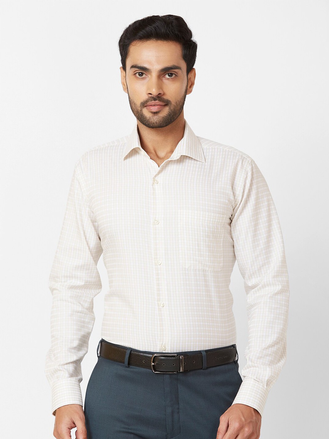 

Raymond Spread Collar Long Sleeves Checked Contemporary-Fit Cotton Formal Shirt, Beige
