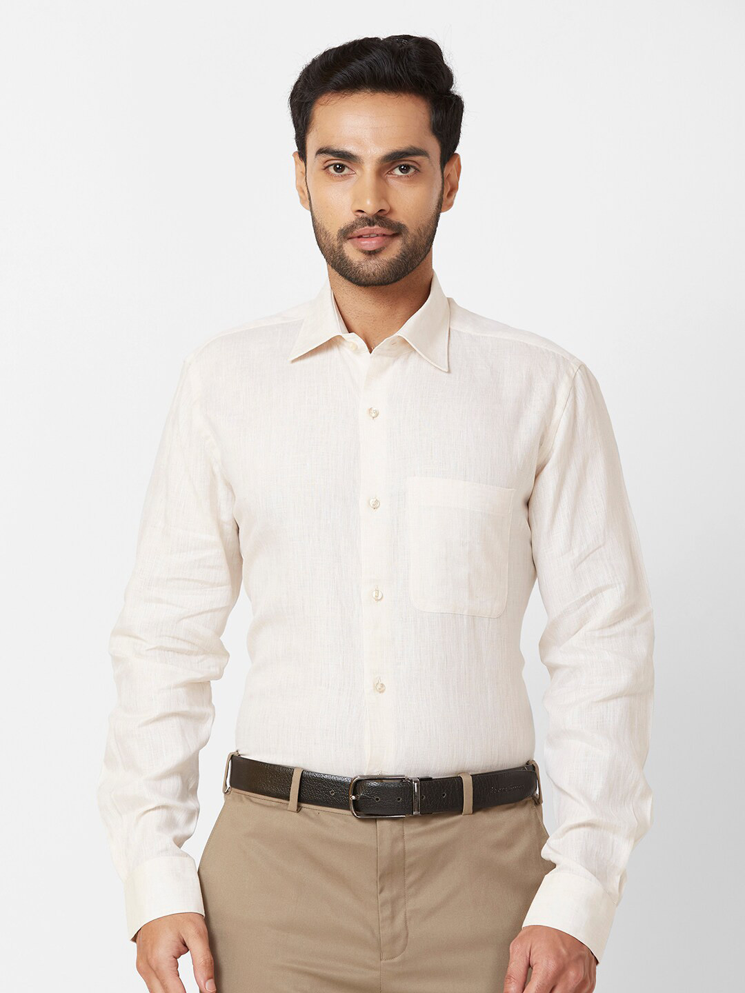 

Raymond Contemporary Fit Self Design Cutaway Collar Linen Formal Shirt, Beige