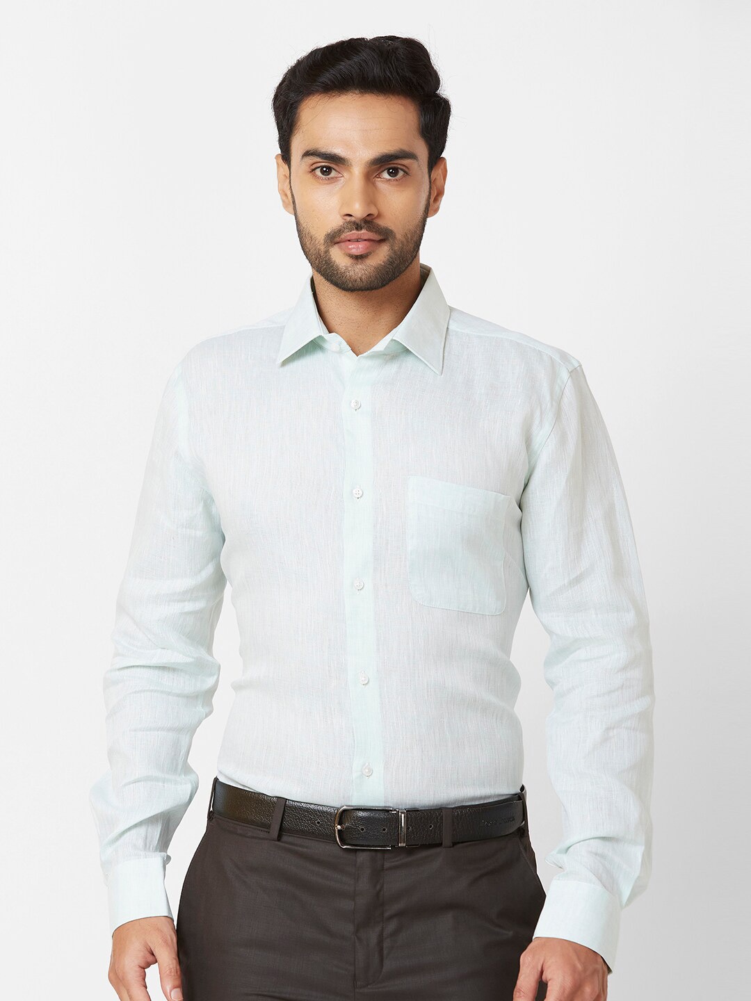 

Raymond Cutaway Collar Long Sleeves Self-Design Regular-Fit Linen Formal Shirt, Green