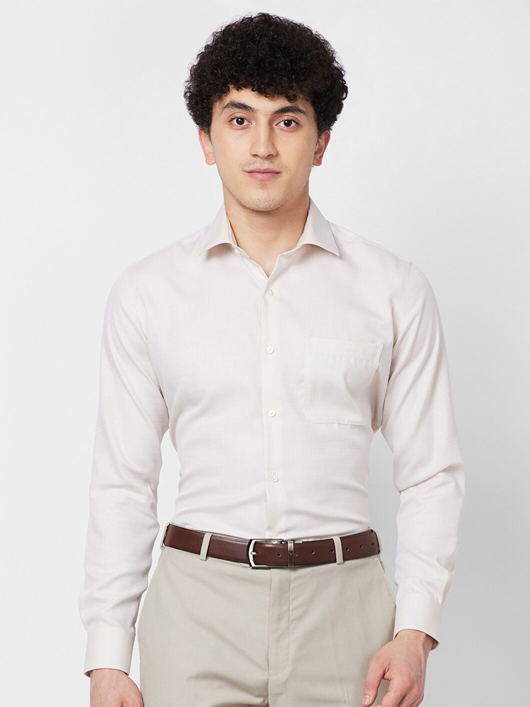 

Raymond Cutaway Collar Long Sleeves Self-Design Regular Fit Cotton Formal Shirt, Beige
