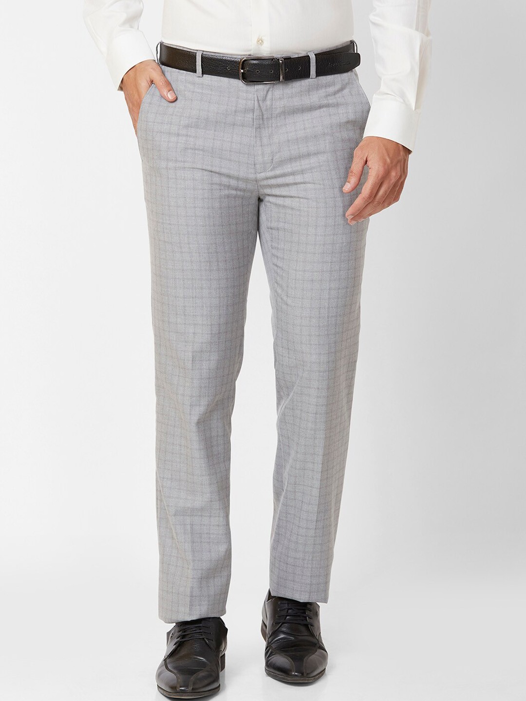 

Raymond Men Checked Contemporary-Fit Formal Trousers, Grey