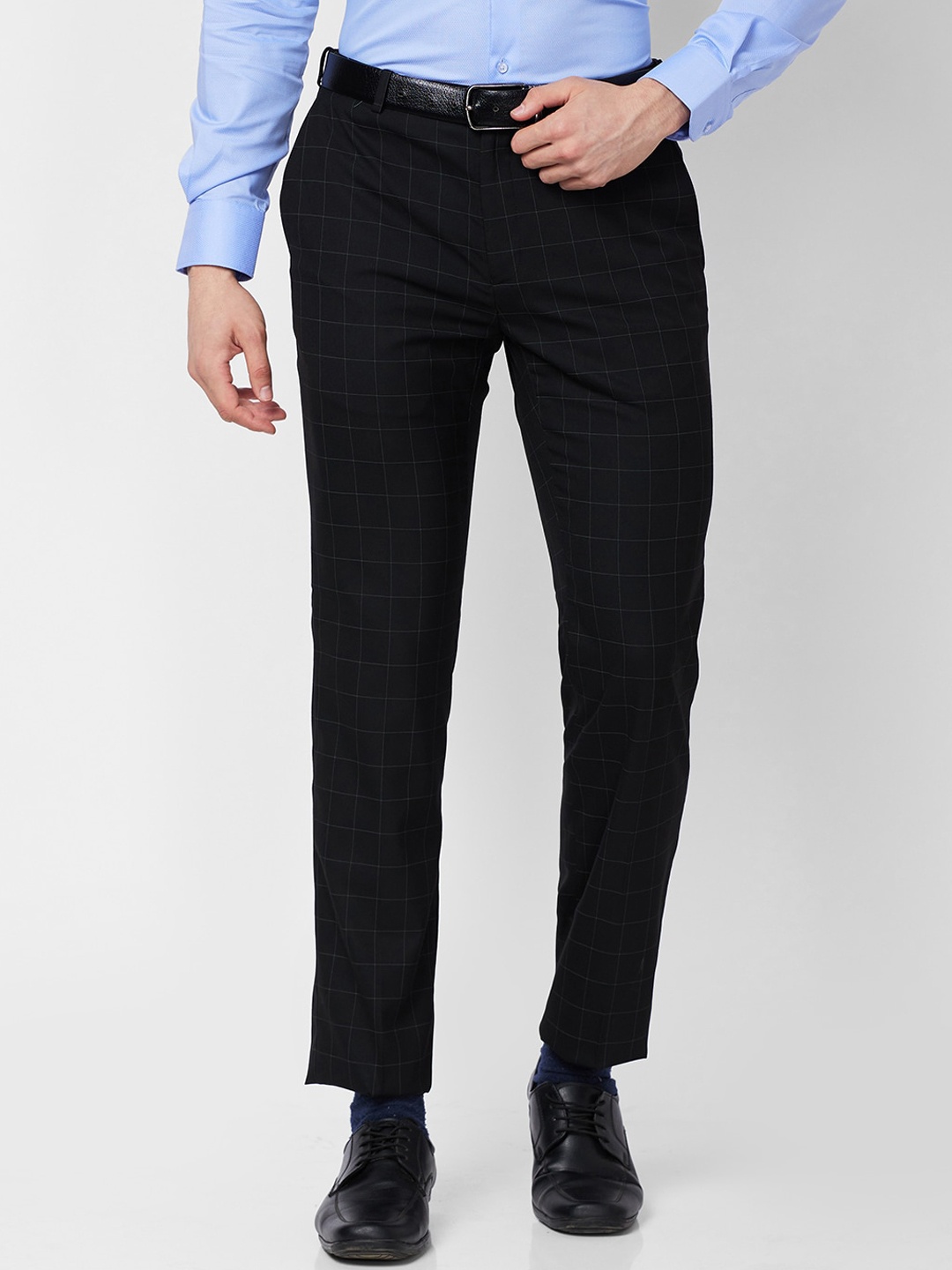 

Raymond Men Contemporary Fit Checked Easy Wash Formal Trousers, Black