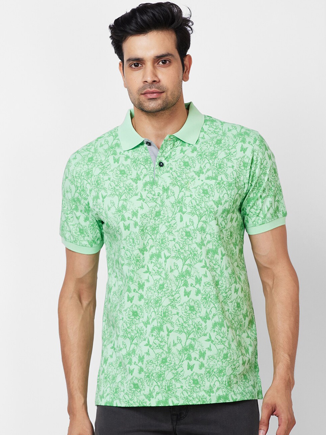 

Raymond Polo Collar Short Sleeves Floral Printed Pure Cotton Regular Fit T-Shirt, Green