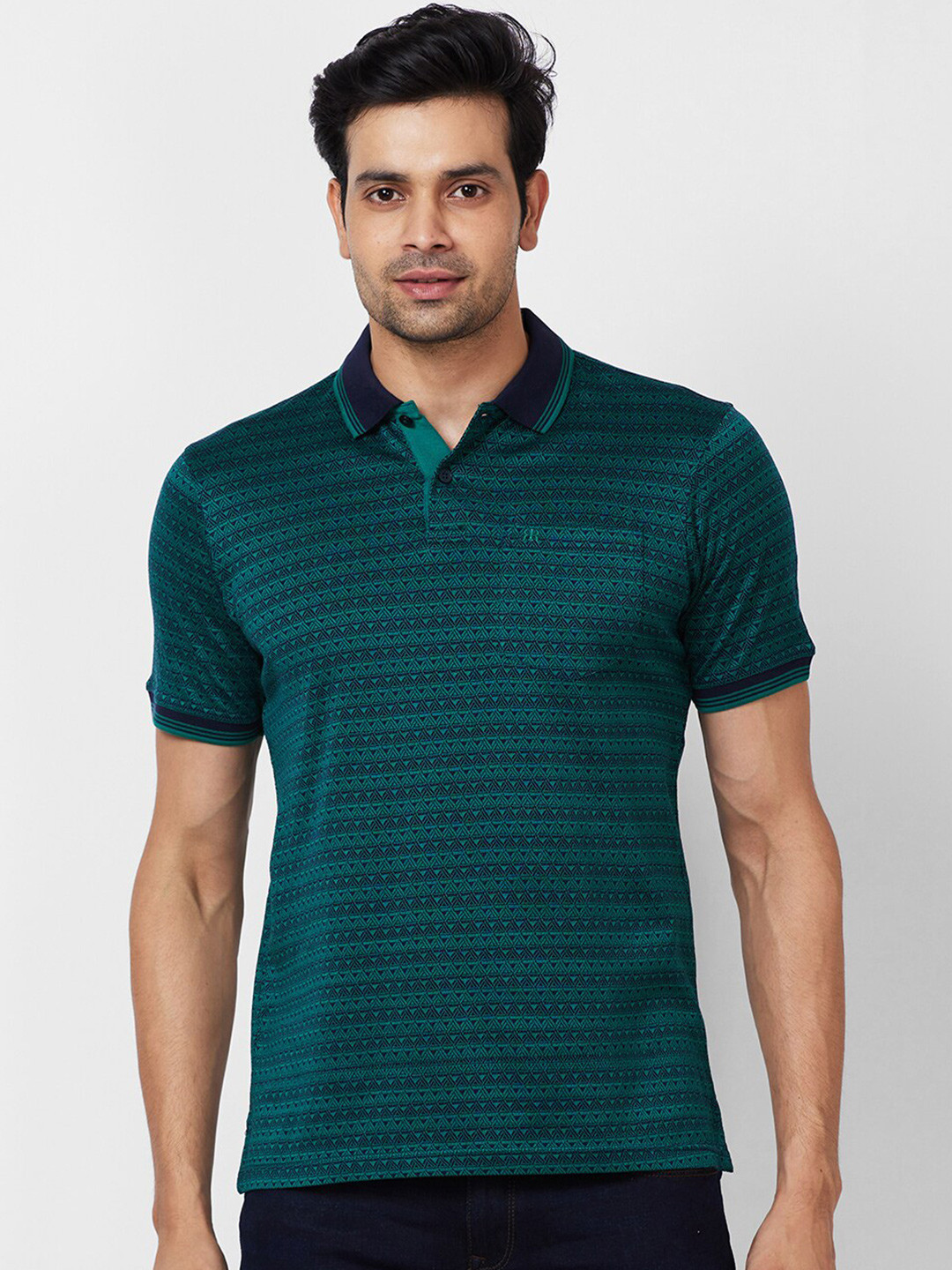 

Raymond Polo Collar Short Sleeves Geometric Printed Cotton Contemporary Fit T-shirt, Green