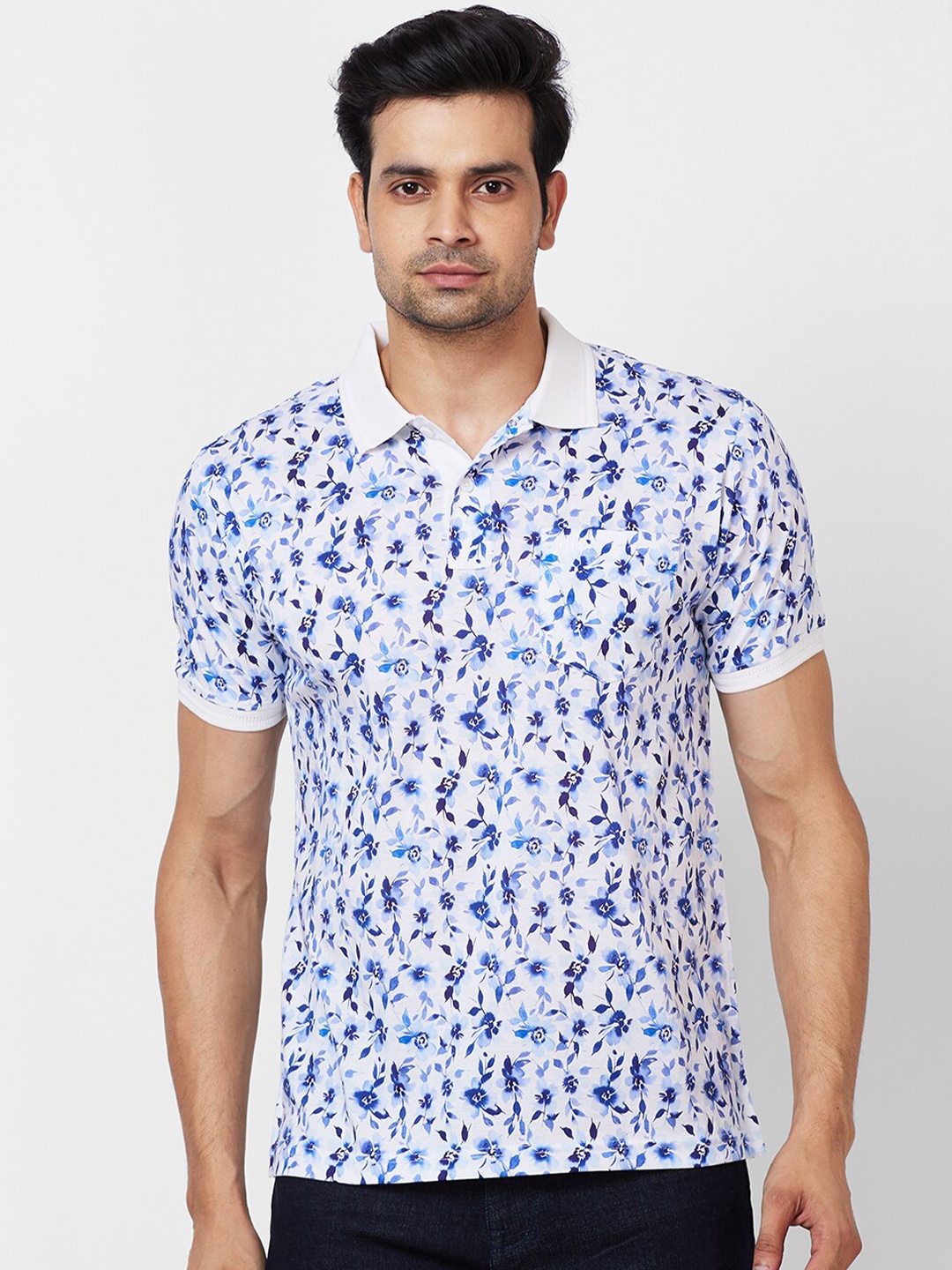 

Raymond Floral Printed Polo Collar Pure Cotton Contemporary-Fit Tshirt, Blue