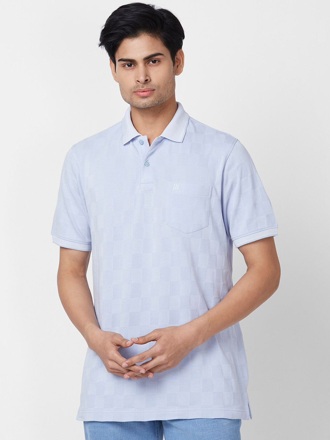 

Raymond Polo Collar Short Sleeves Self-Design Pure Cotton Regular Fit Tshirts, Blue