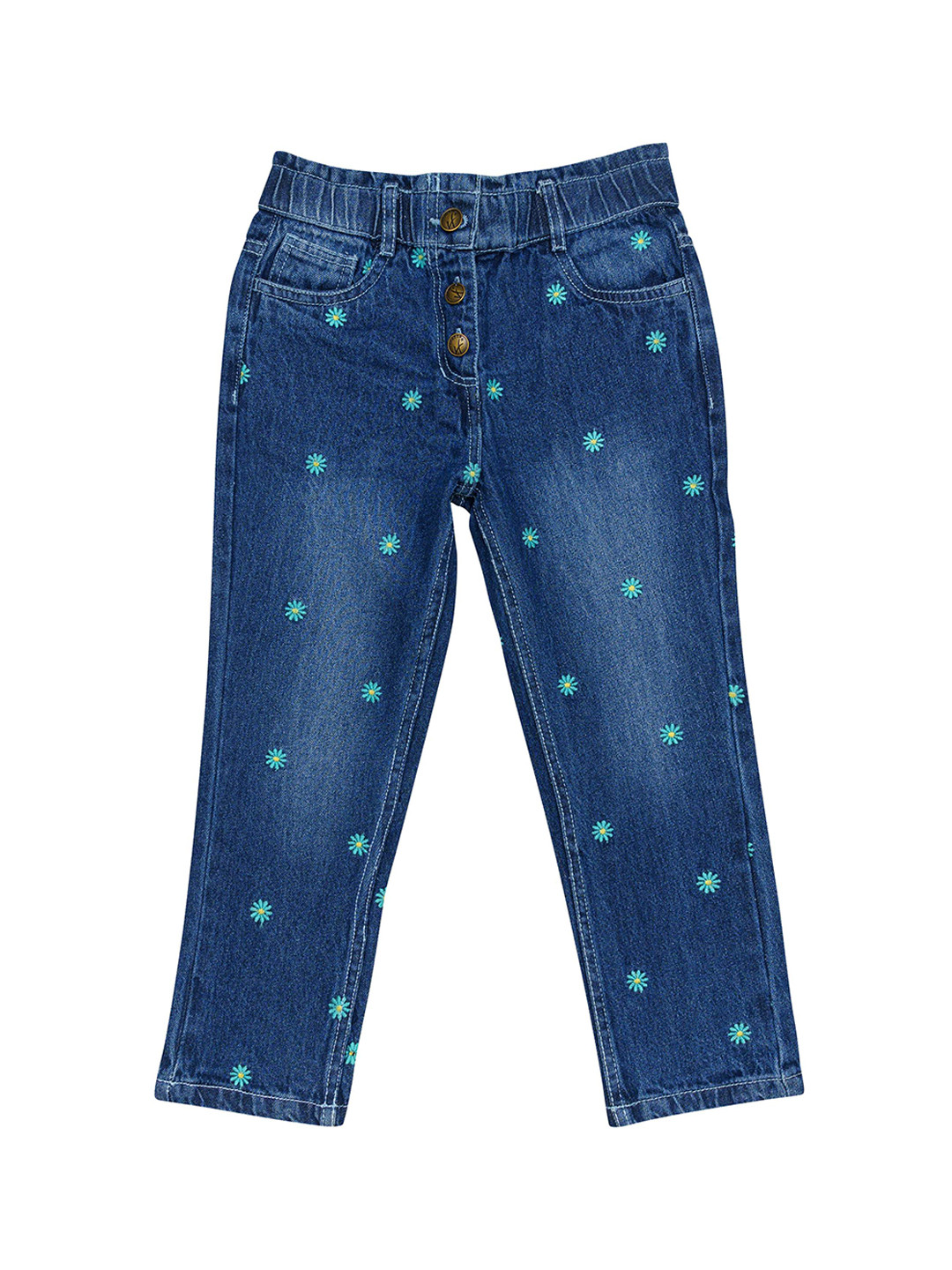 

H By Hamleys Girls Floral Embroidered Light Fade Pure Cotton Jeans, Blue