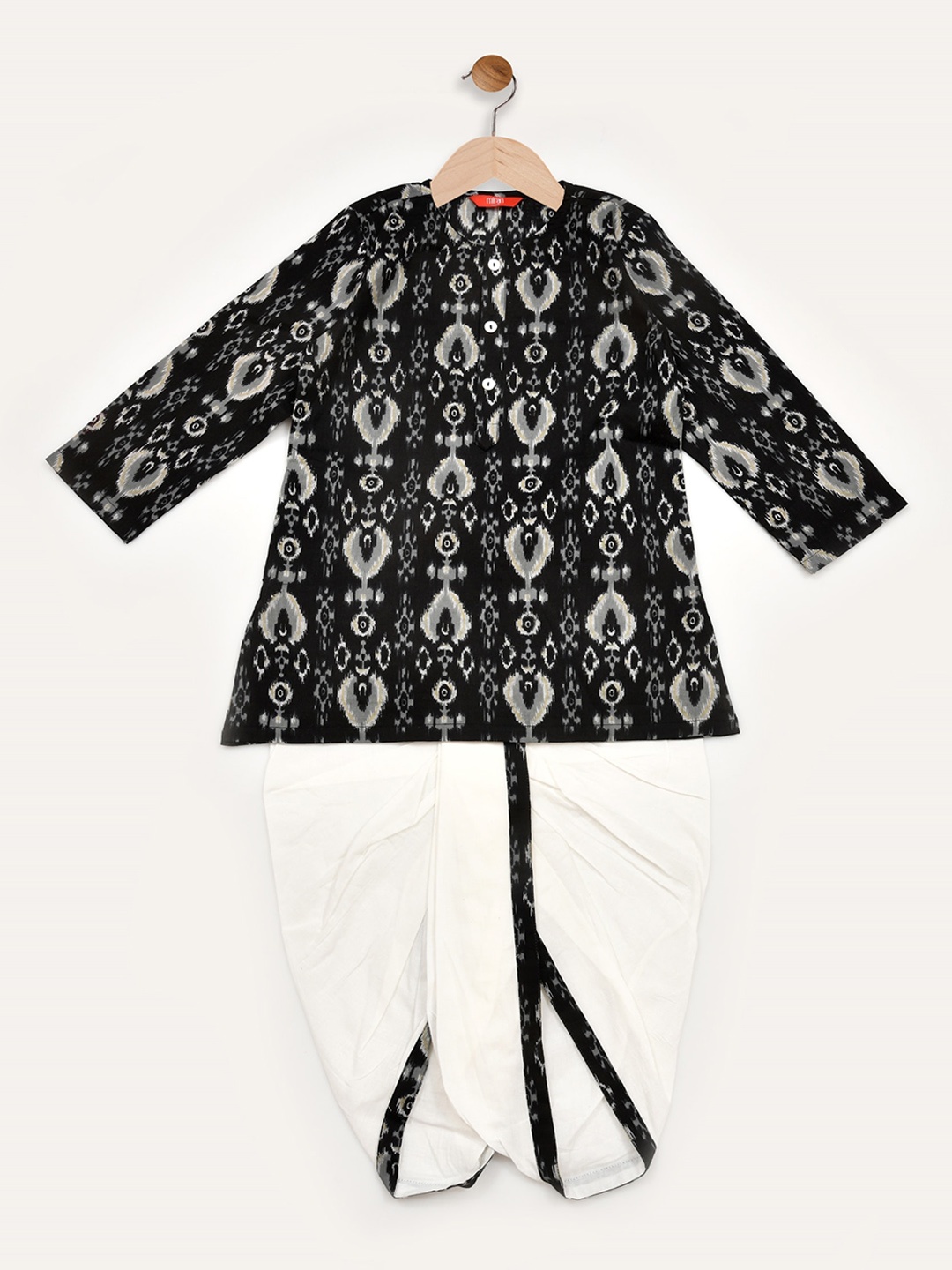 

mirari Boys Mandarin Collar Printed Regular Pure Cotton Kurta with Dhoti Pants, Black