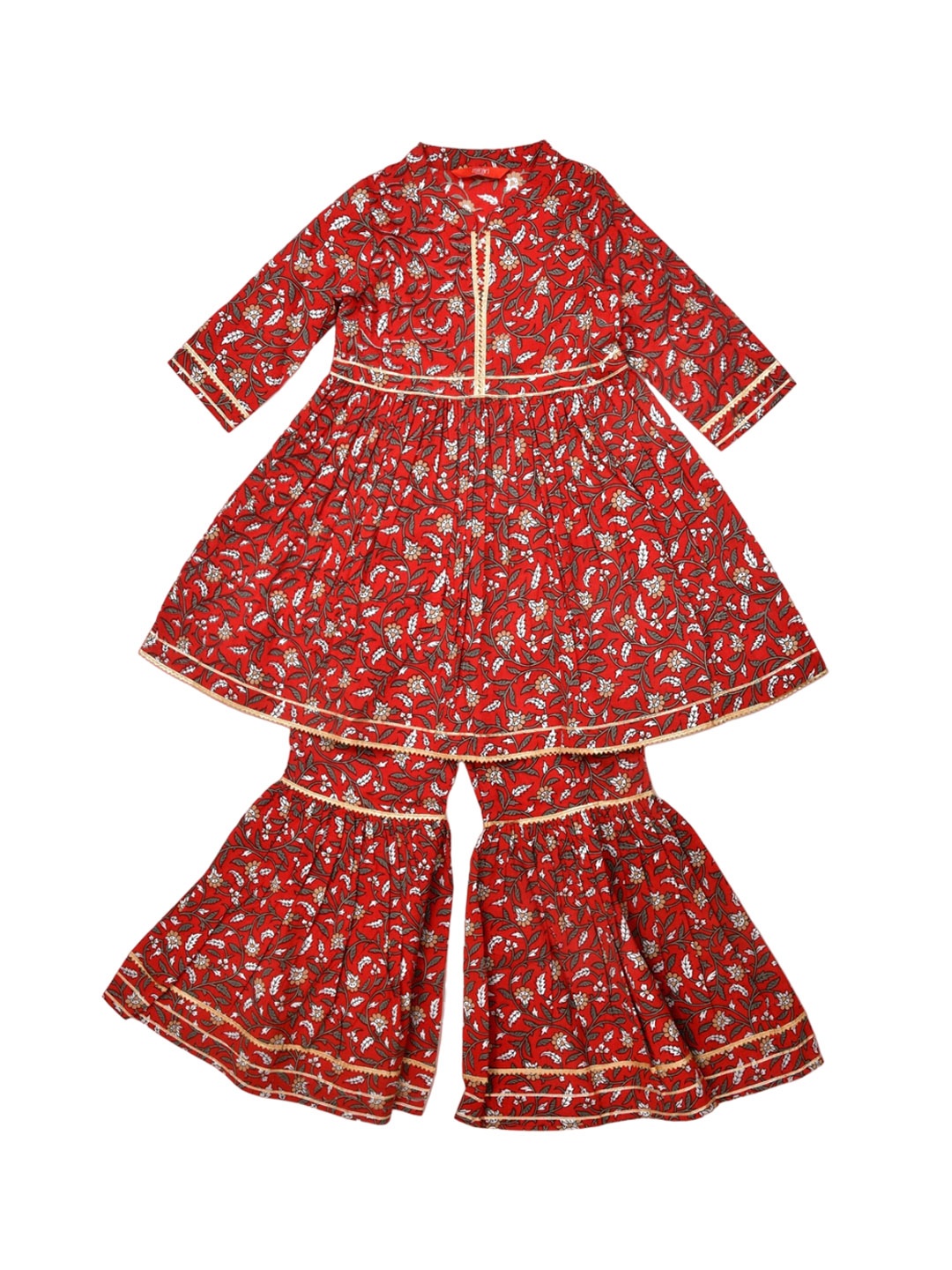 

mirari Girls Floral Printed Empire Gotta Patti Pure Cotton Kurta with Sharara, Red