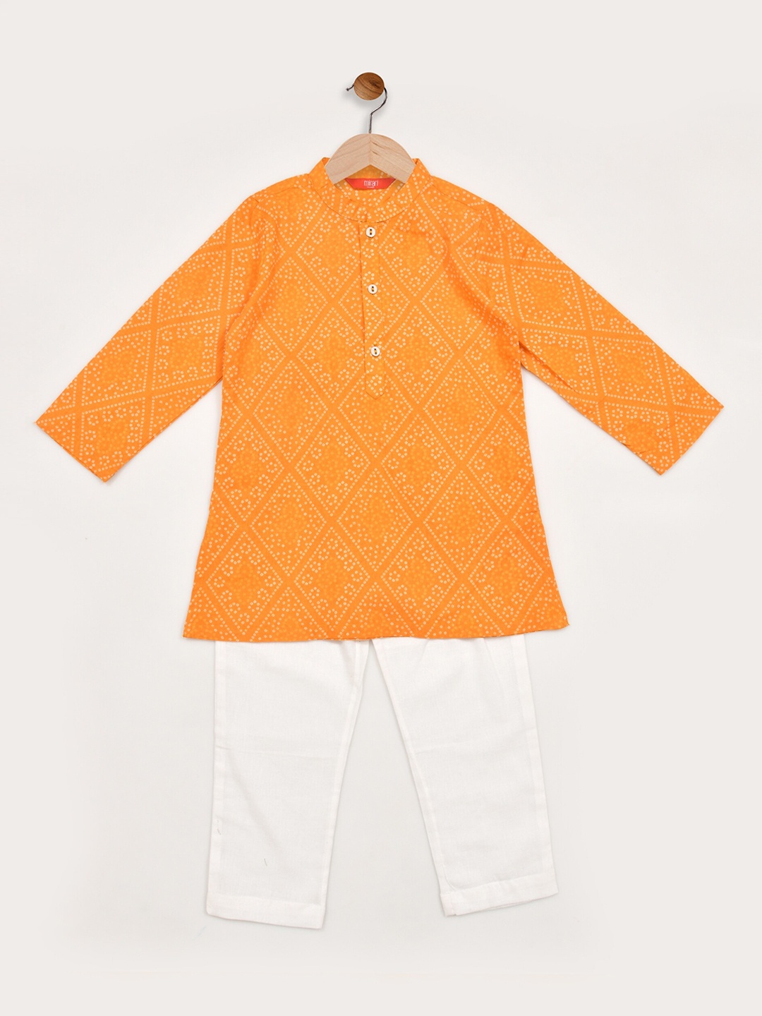 

mirari Boys Mandarin Collar Bandhani Printed Regular Pure Cotton Kurta with Dhoti Pants, Orange