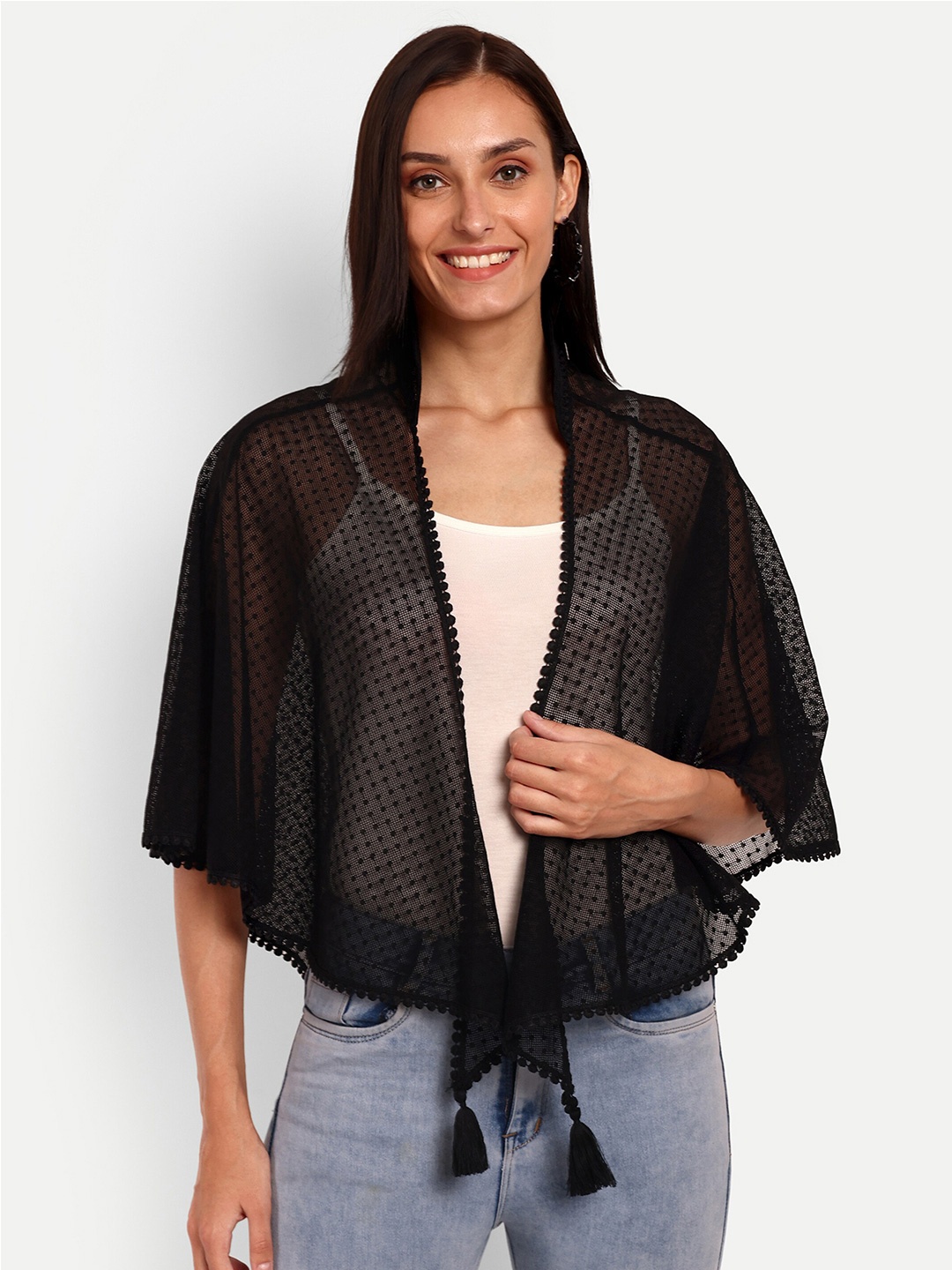 

Espresso Self Design Sheer Open Front Shrug, Black