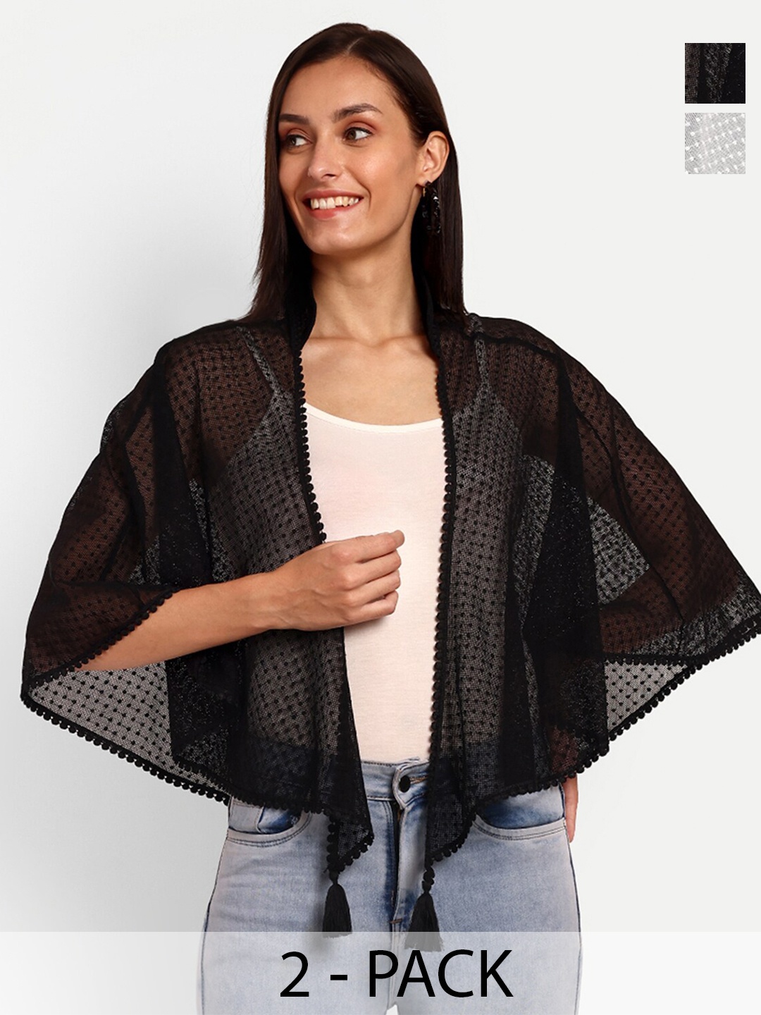 

Espresso Pack of 2 Self Design Sheer Open Front Shrug, White