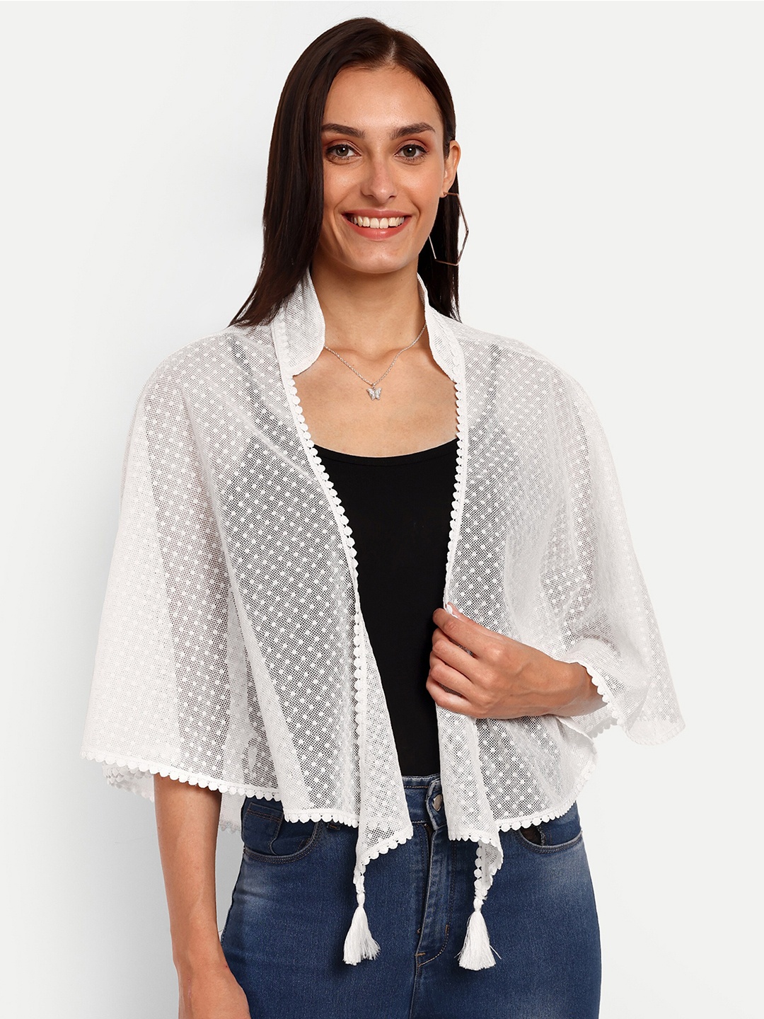 

Espresso Self Design Sheer Open Front Shrug, White