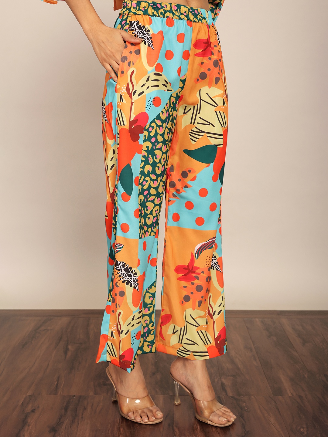 

KAORI BY SHREYA AGARWAL Women Abstract Printed Straight Fit Cotton Parallel Trousers, Blue