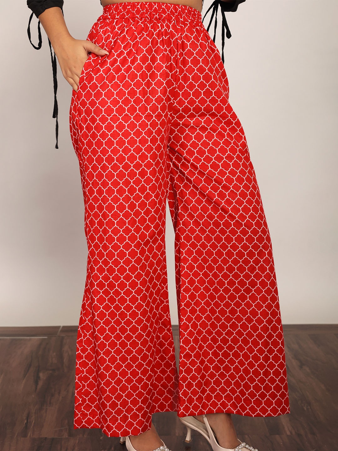 

KAORI BY SHREYA AGARWAL Women Geometric Printed Cotton Wide Leg Palazzos, Red