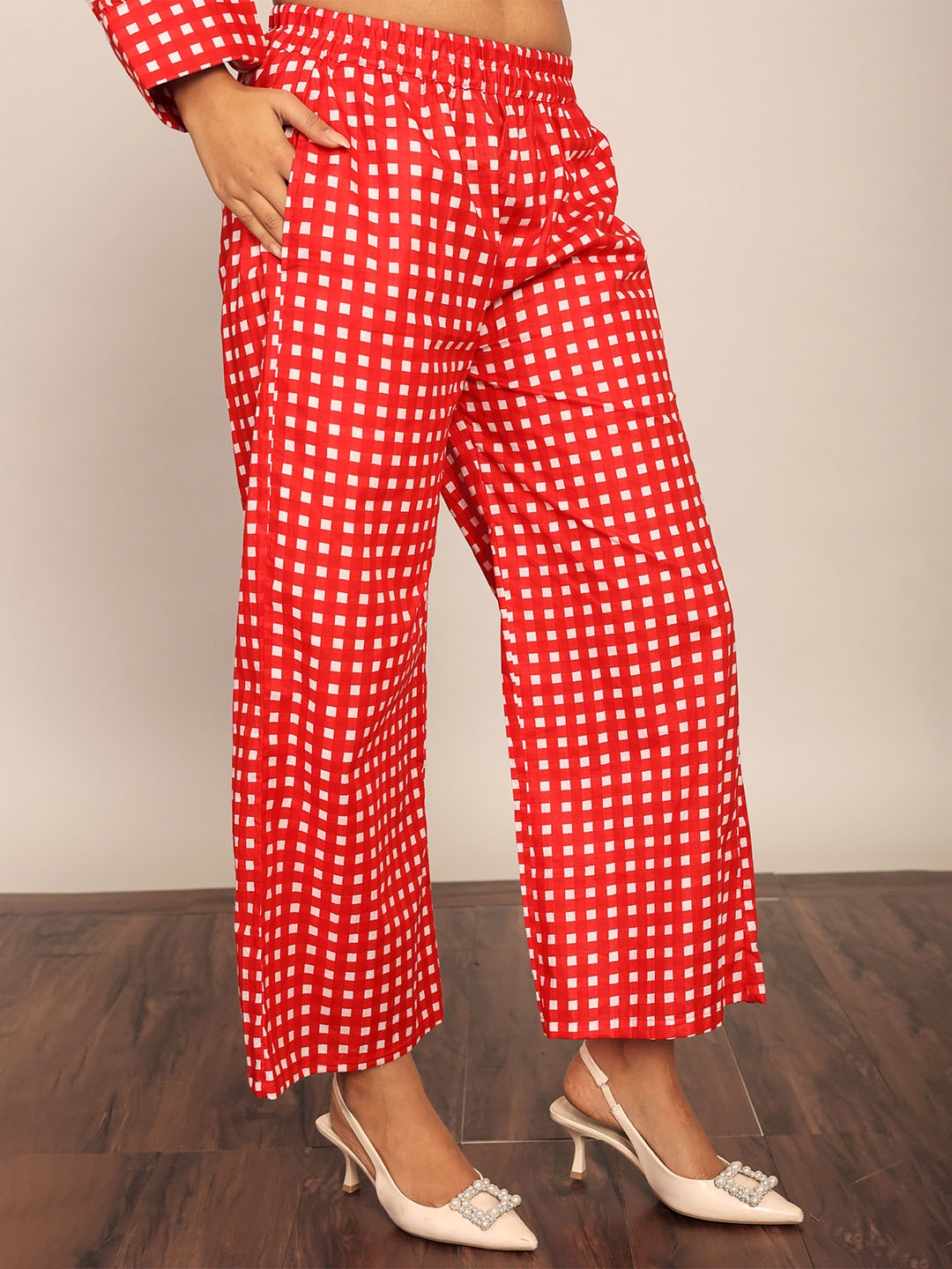 

KAORI BY SHREYA AGARWAL Women Checked Straight Fit Cotton Parallel Trousers, Red