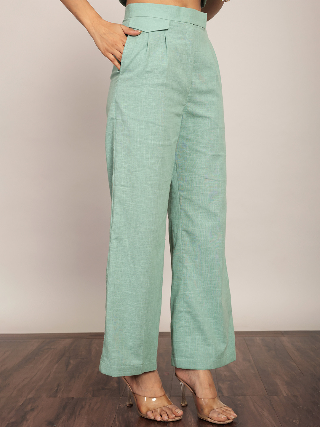 

KAORI BY SHREYA AGARWAL Women Straight Fit Pleated Cotton Parallel Trousers, Green