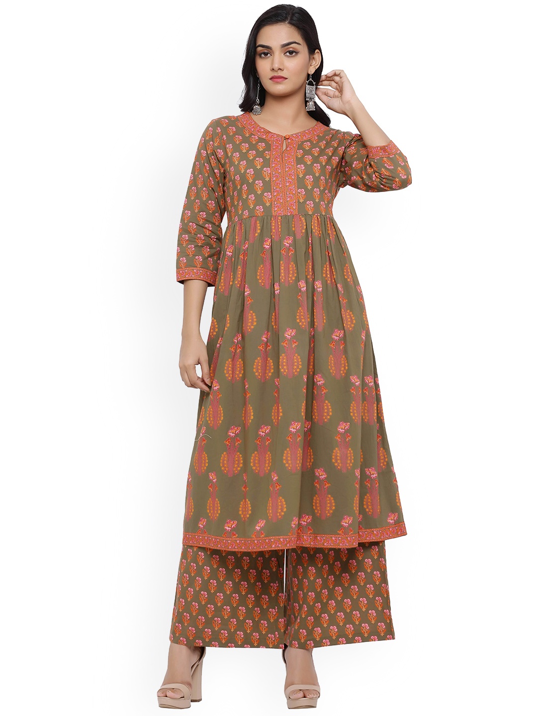 

mirari Keyhole Neck Floral Printed Regular Pure Cotton Kurta with Palazzos, Grey