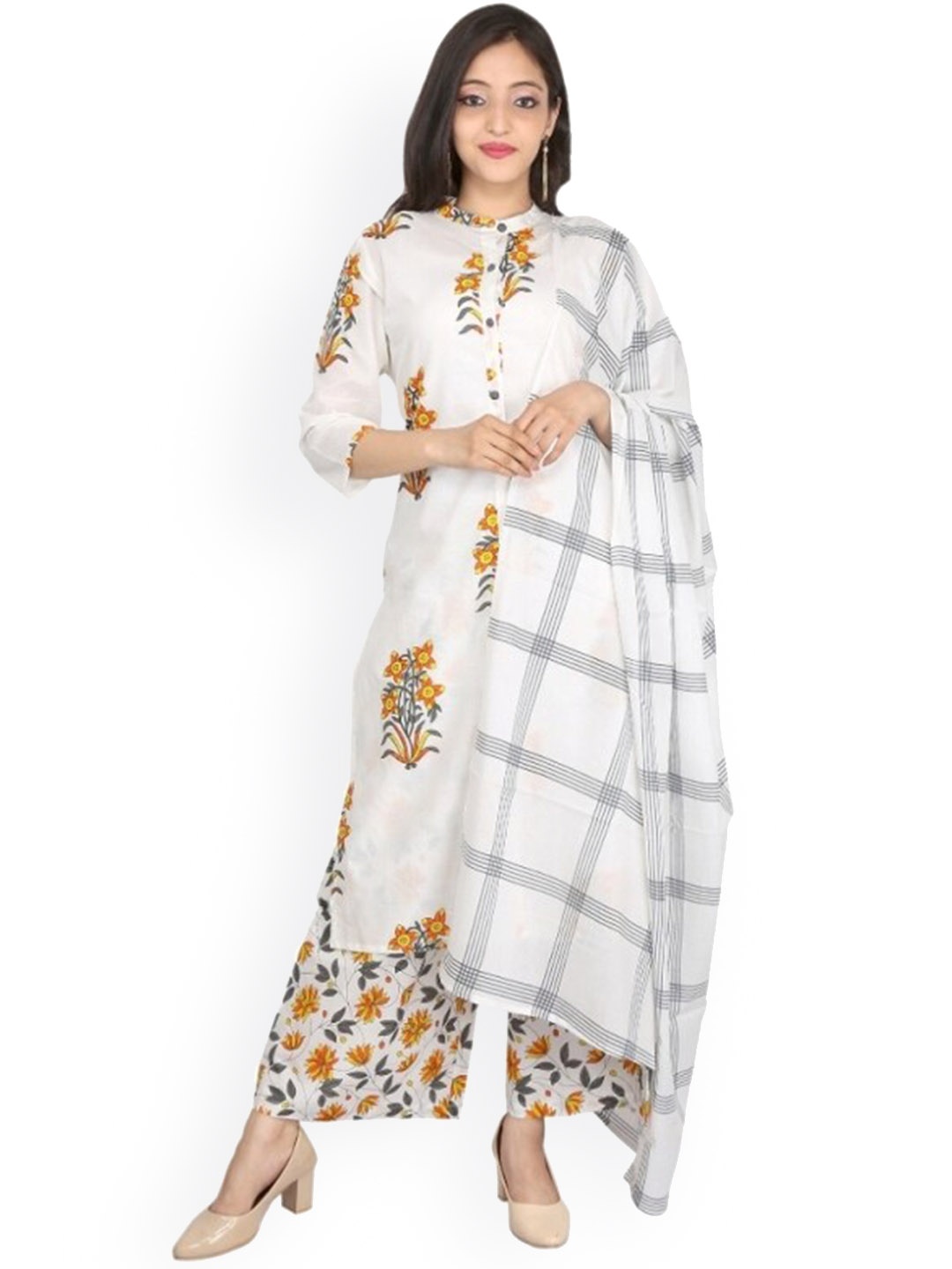 

mirari Mandarin Collar Floral Printed Regular Pure Cotton Kurta Set, White