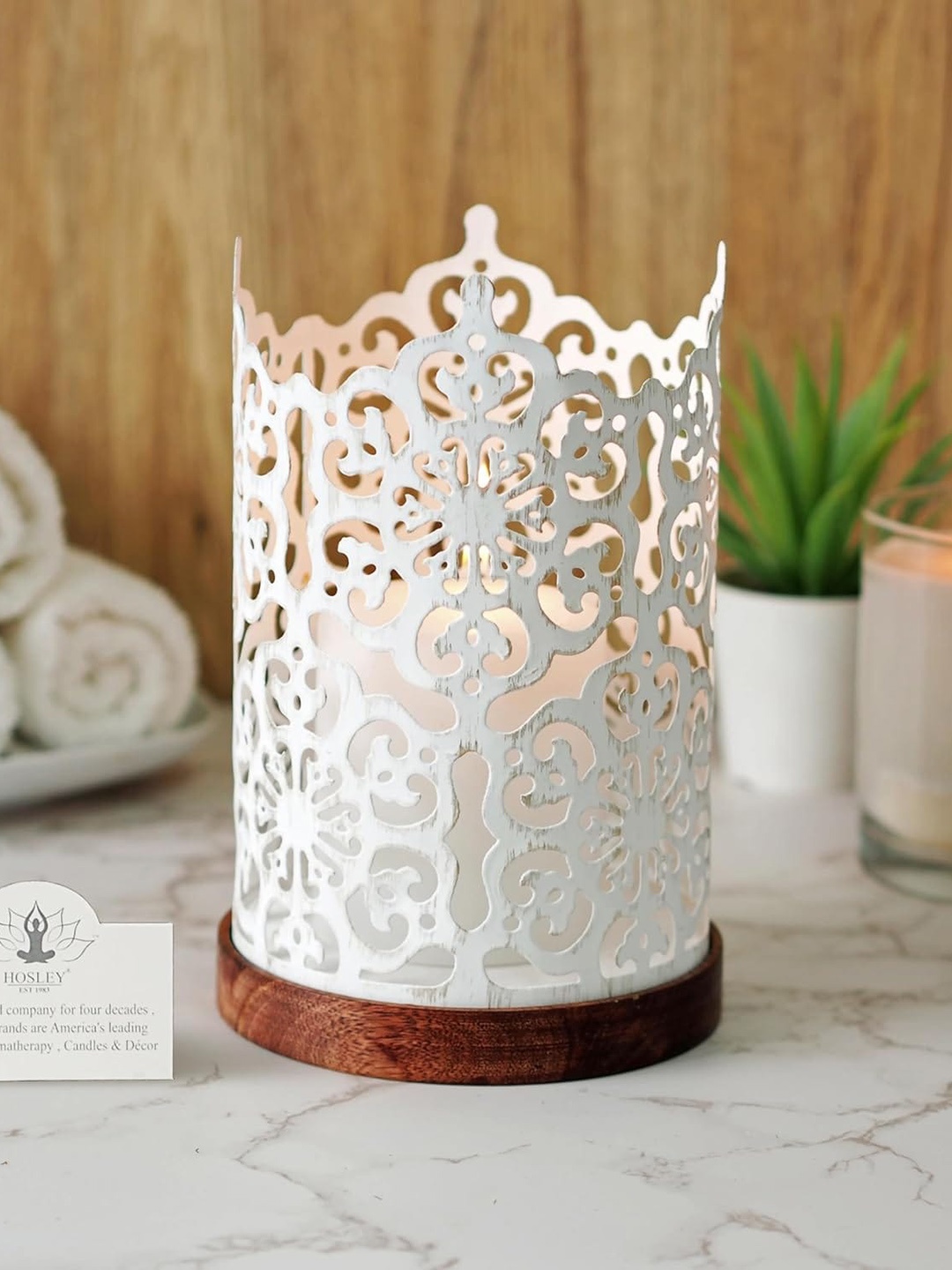 

HOSLEY White & Brown Textured Tea -Light Candle Holder