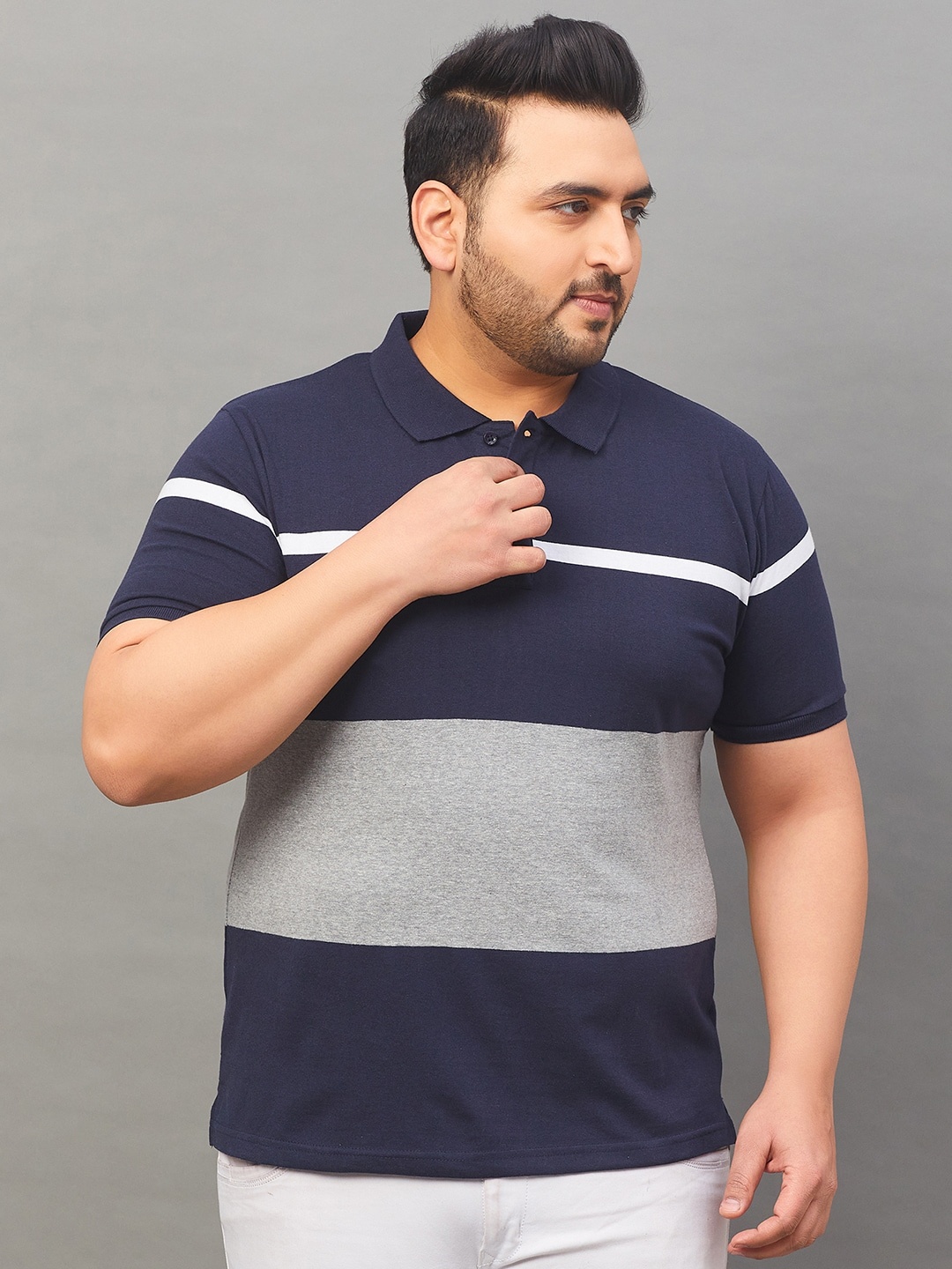 

AUSTIVO Plus Size Colourblocked Polo Collar Coton T-shirt, Navy blue