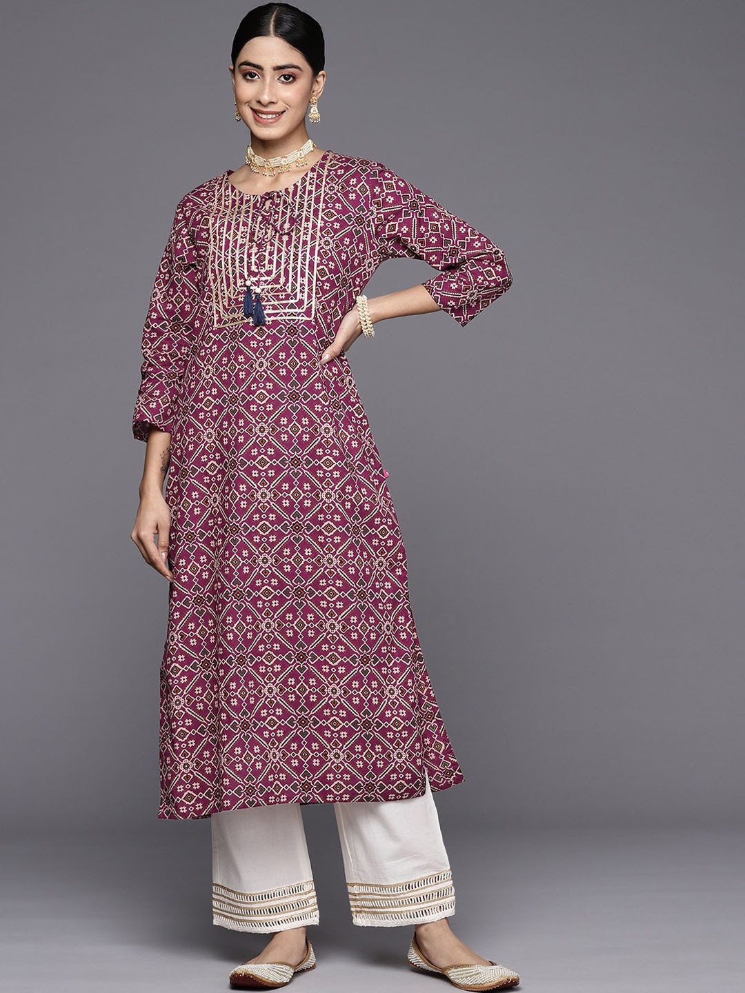 

KALINI Ethnic Motifs Printed Pure Cotton A-Line Kurta, Purple