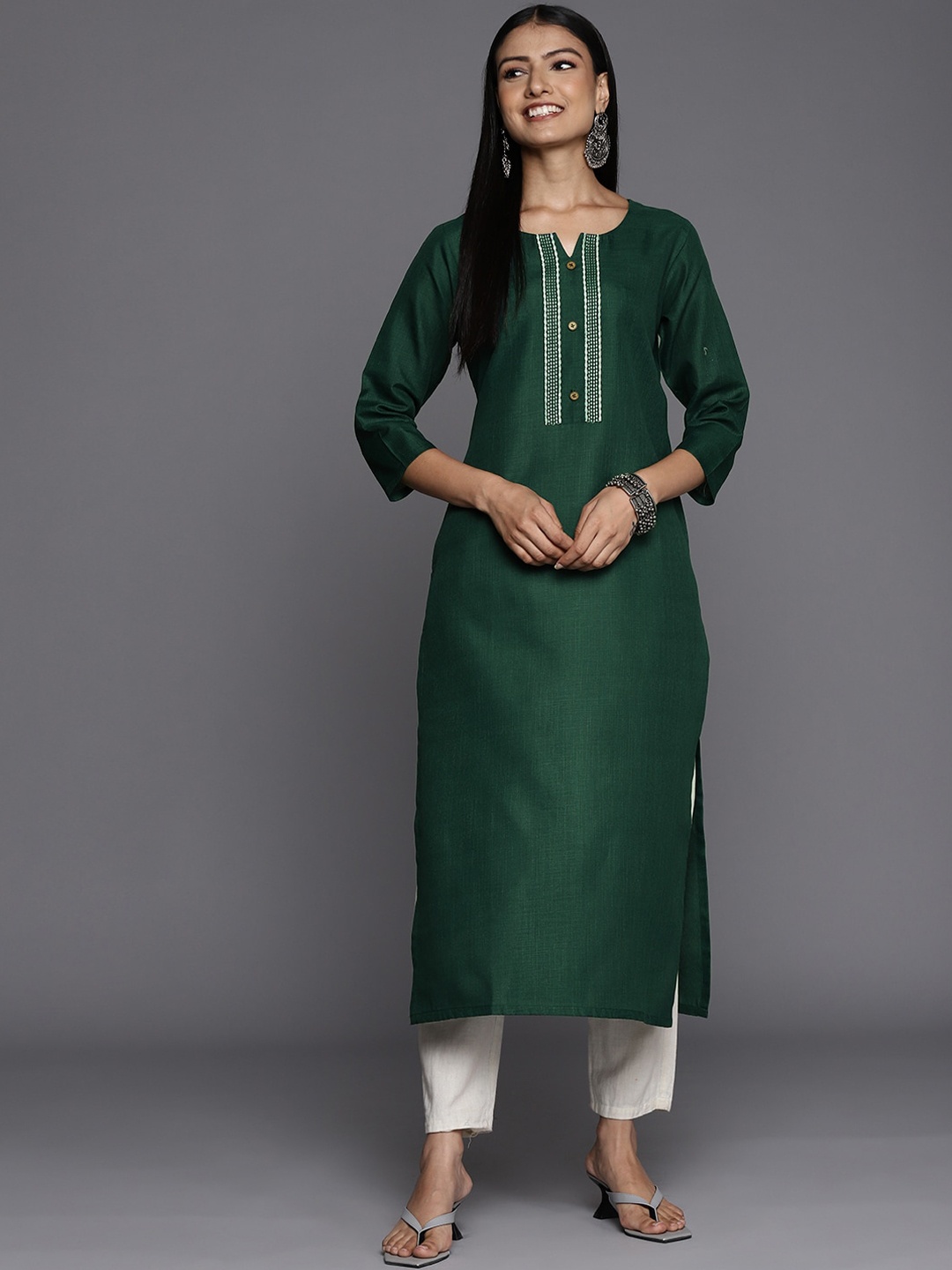 

KALINI Round Neck Regular Cotton Straight Kurta, Green