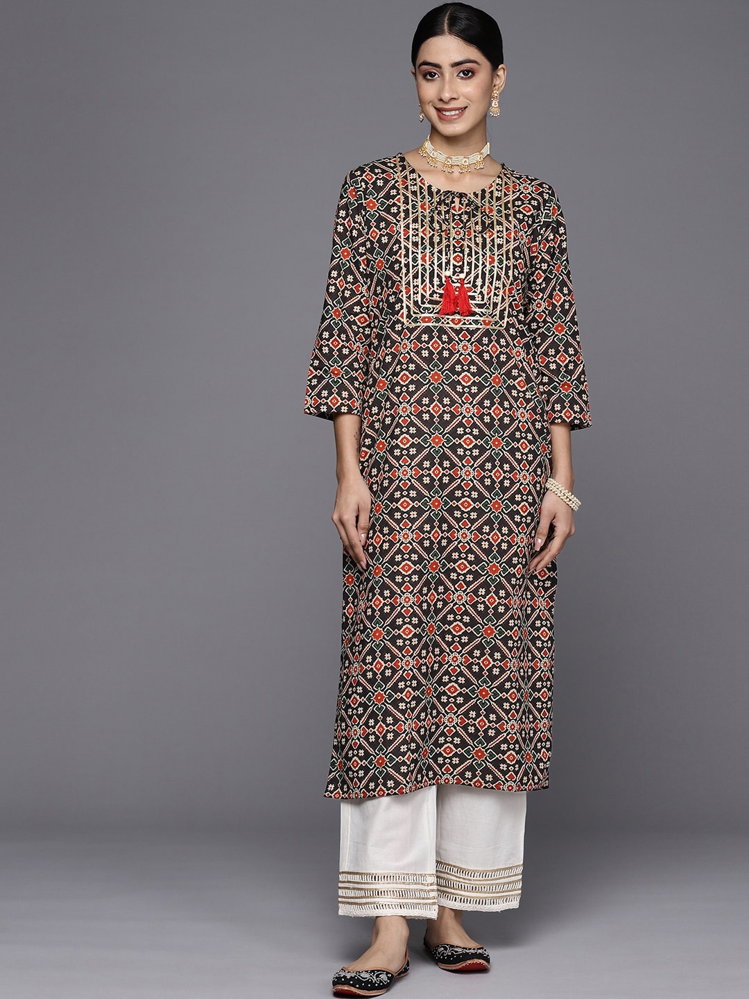 

KALINI Geometric Printed Gotta Patti Cotton Kurta, Black