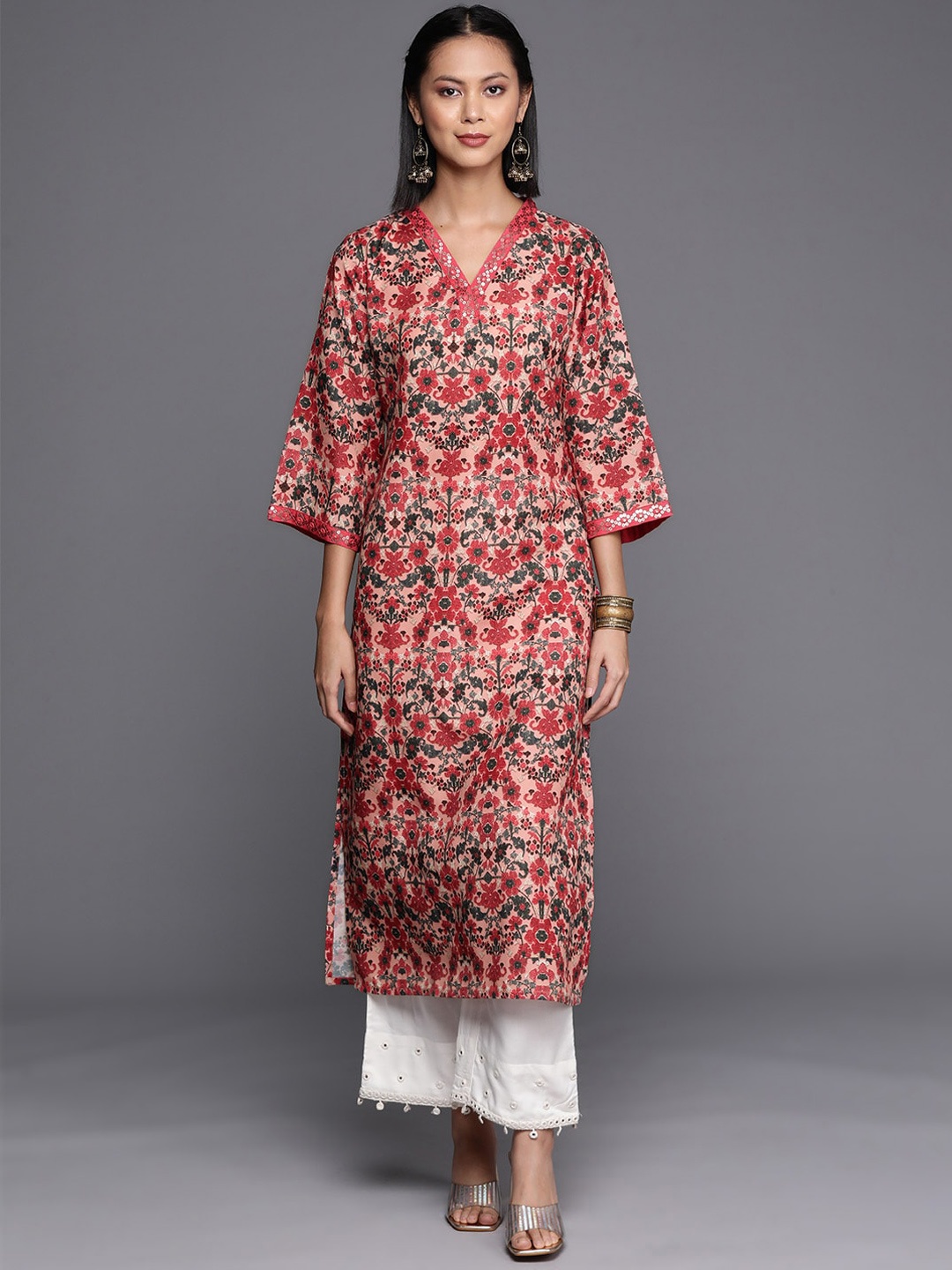 

KALINI Ethnic Motifs Printed Pure Cotton Sequined Straight Kurta, Peach