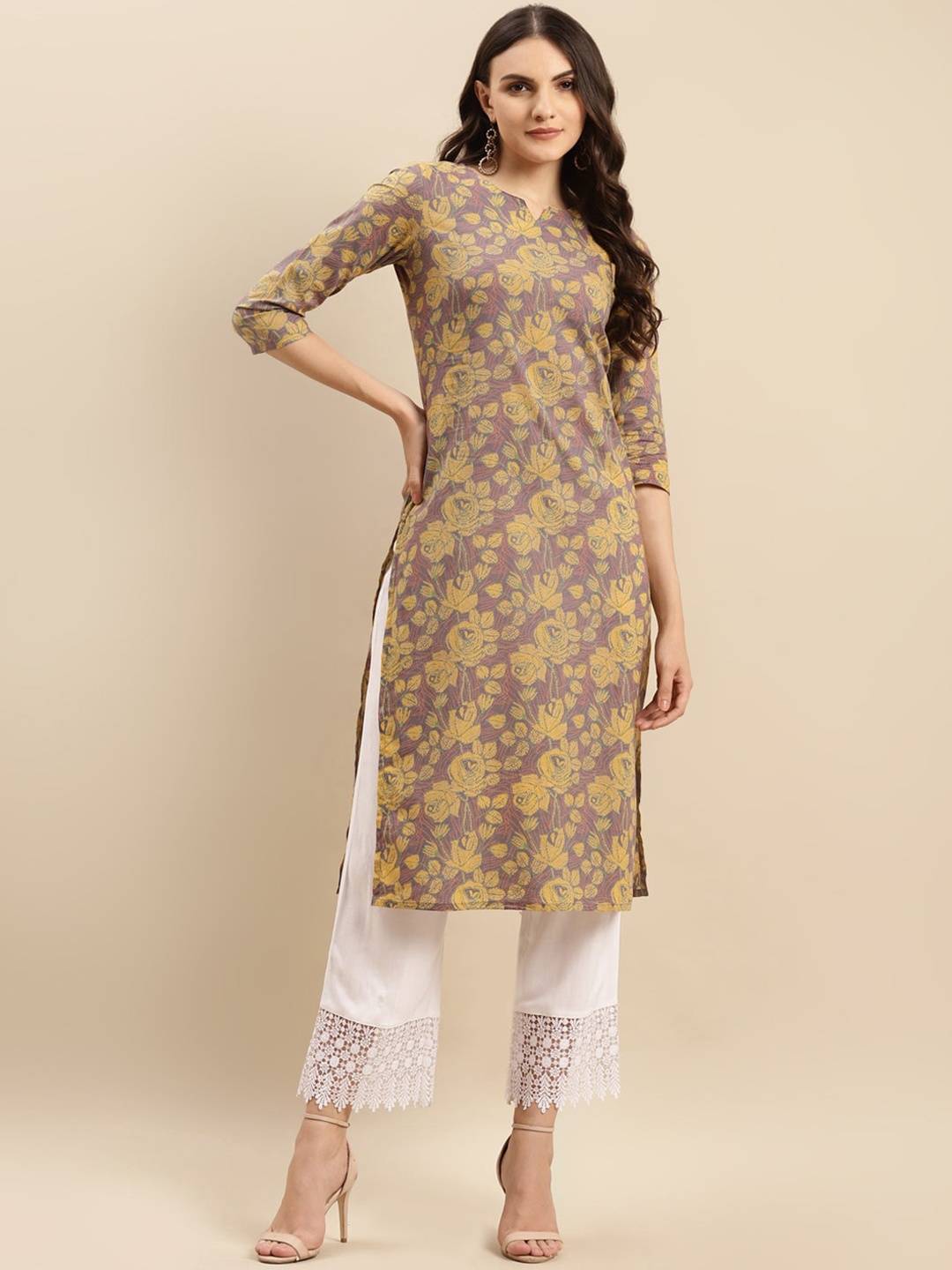 KALINI Floral Printed Straight Pure Cotton Straight Kurta, Yellow