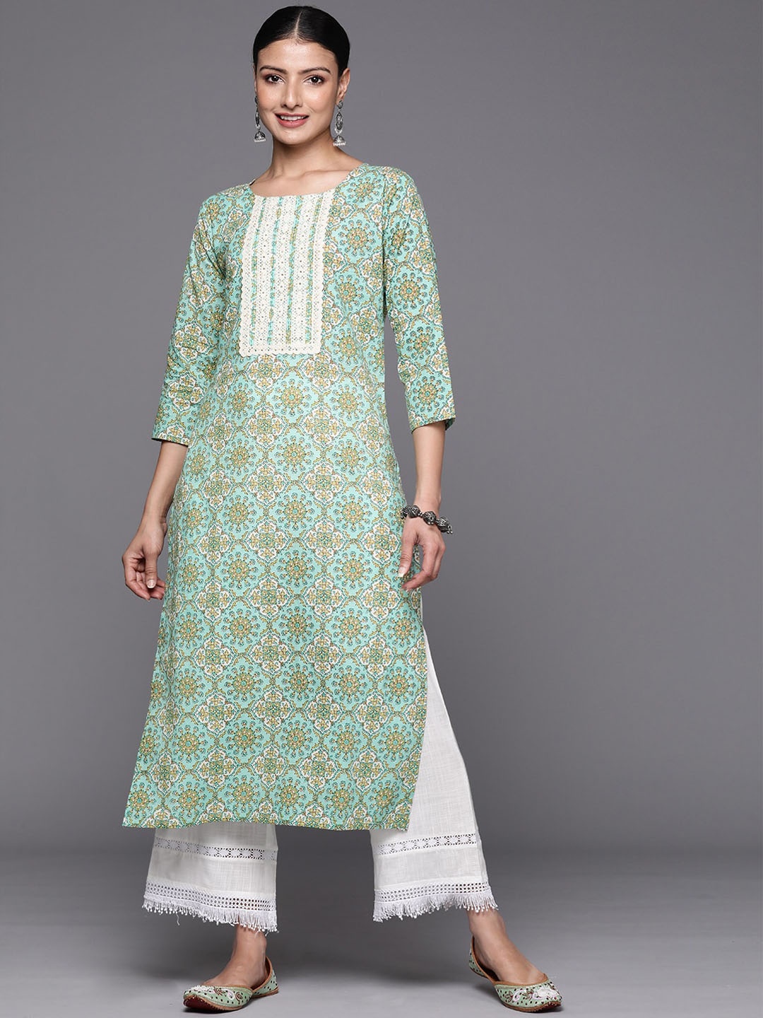 

KALINI Ethnic Motifs Printed Round Neck Cotton Straight Kurta, Sea green