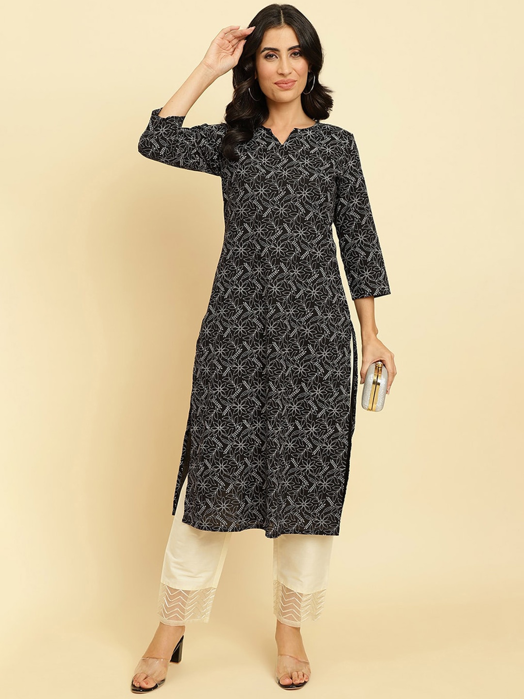 

KALINI Floral Embroidered Notched Neck Straight Cotton Kurta, Black