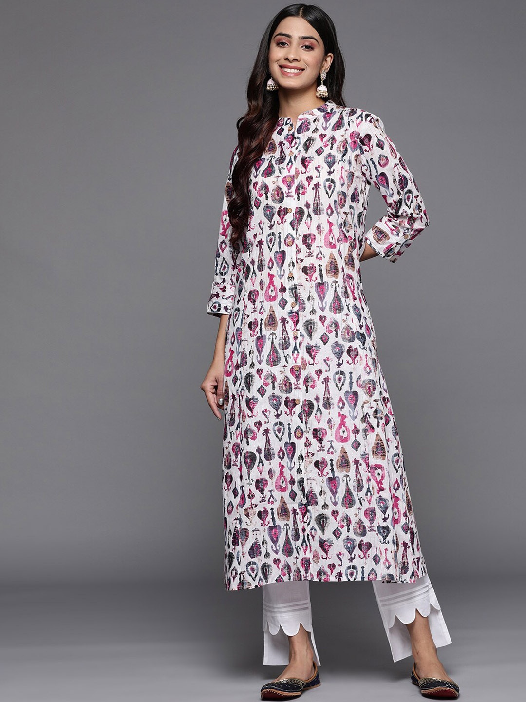 

KALINI Ethnic Motifs Printed Mandarin Collar Straight Cotton Kurta, White