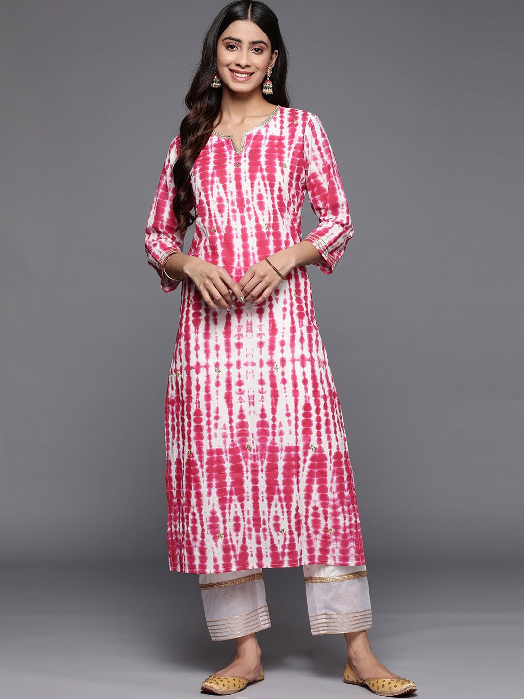 

KALINI Abstract Dyed Round Neck Thread Work Cotton Straight Kurta, Pink