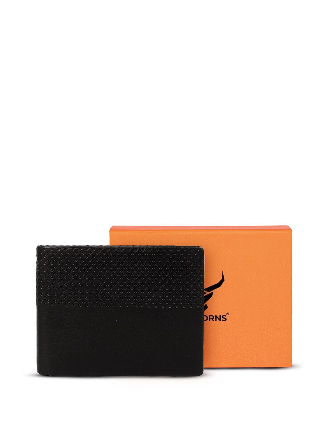

REDHORNS Men Geometric Textured Leather Two Fold Wallet, Black