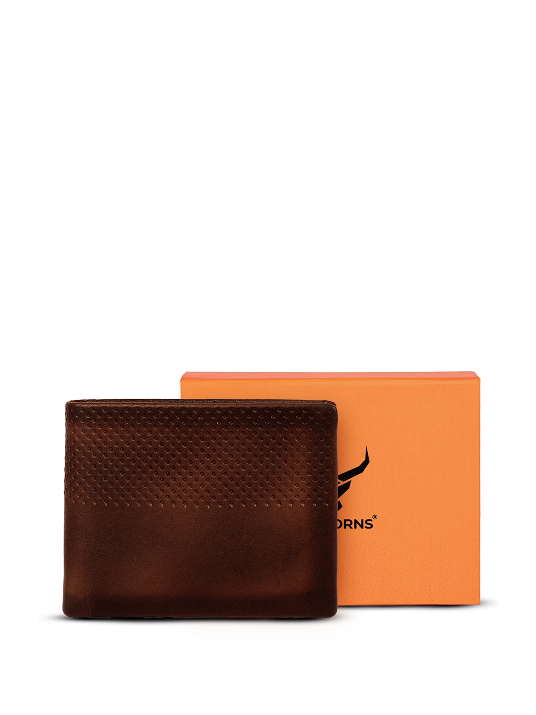 

REDHORNS Men Geometric Textured Leather Two Fold Wallet, Brown